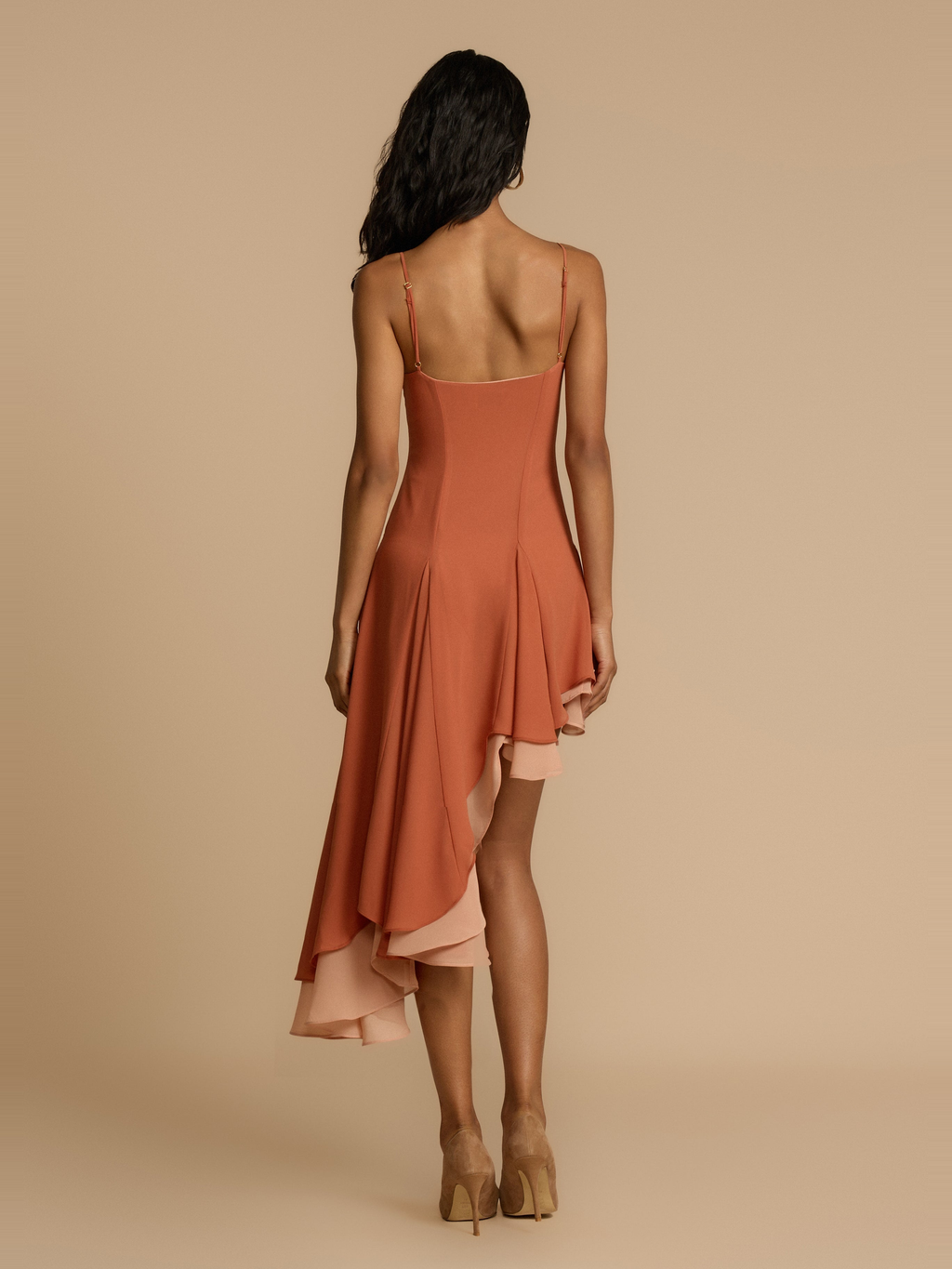 Dana Asymmetric Satin Dress in Peach — Svelte Chic