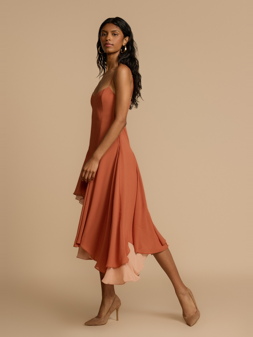 Dana Asymmetric Satin Dress in Peach — Svelte Chic