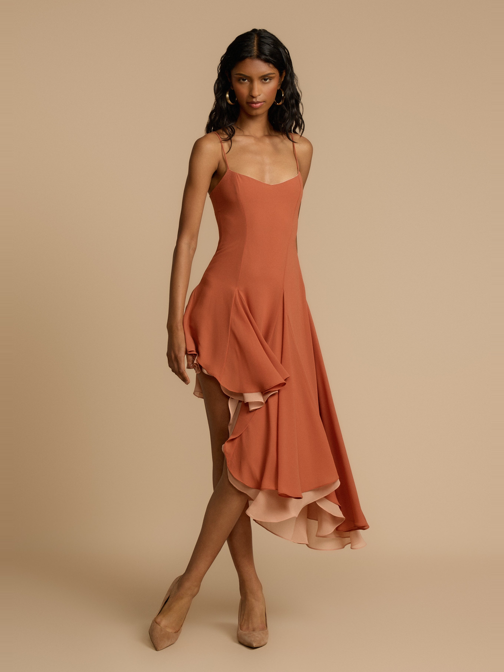 Dana Asymmetric Satin Dress in Peach — Svelte Chic