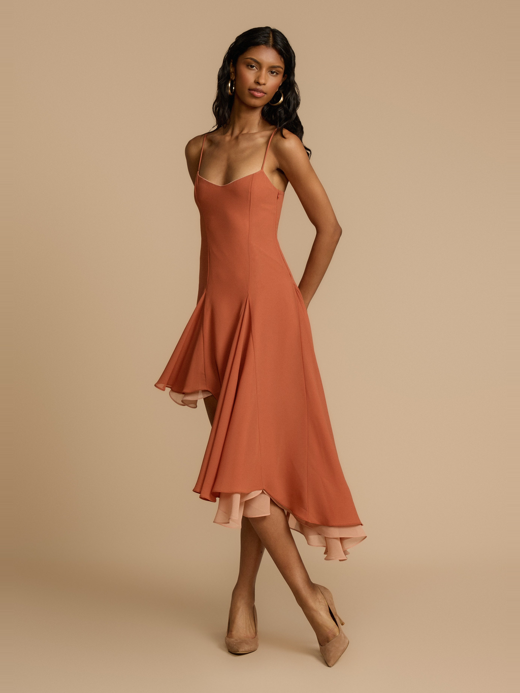 Dana Asymmetric Satin Dress in Peach — Svelte Chic