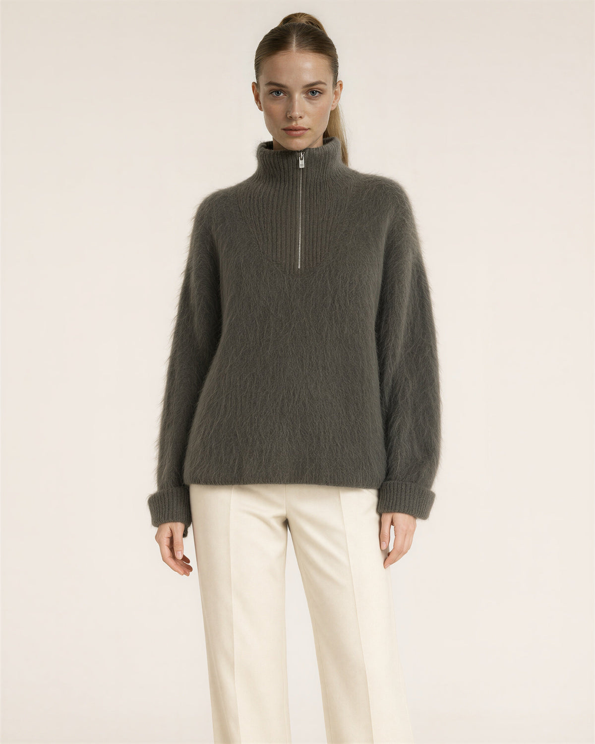 Daria Half Zip Stand Collar Brushed Sweater, smoky olive, front view