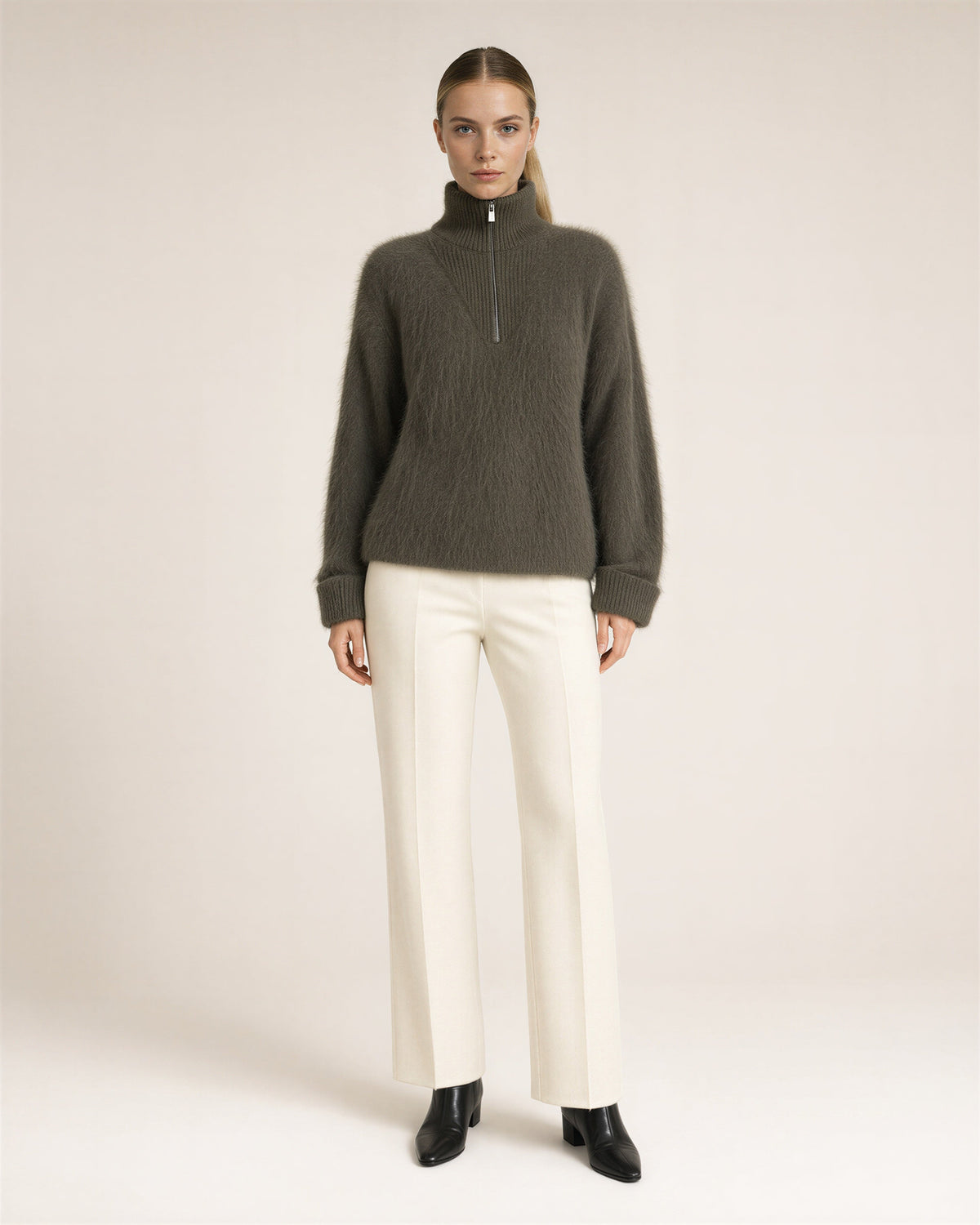 Daria Half Zip Stand Collar Brushed Sweater, smoky olive, full length front view