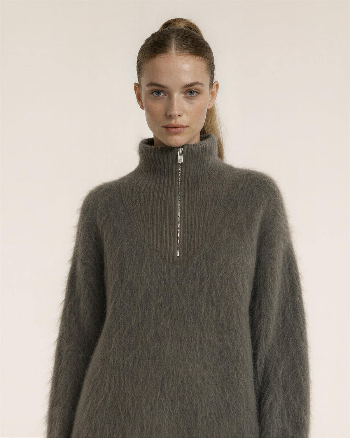 Daria Half Zip Stand Collar Brushed Sweater, smoky olive, close up above the waist