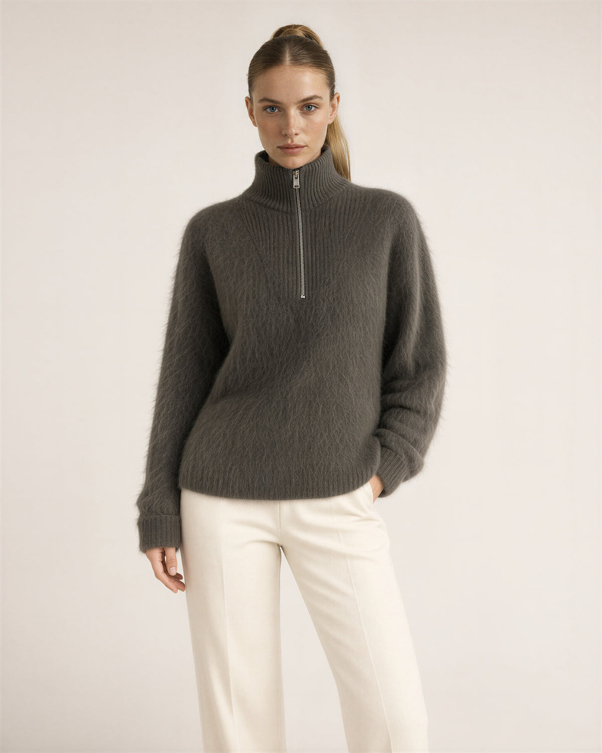 Daria Half Zip Stand Collar Brushed Sweater, smoky olive, front, hands on the waist