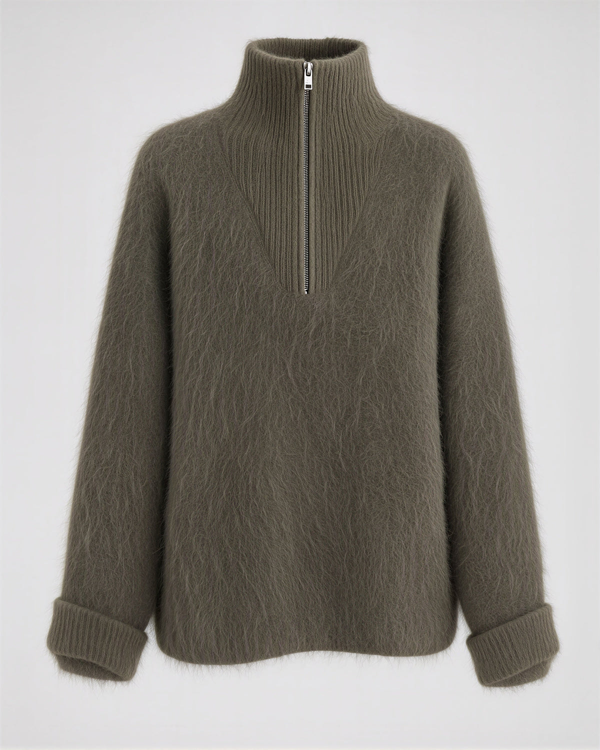 Daria Half Zip Stand Collar Brushed Sweater, smoky olive, product view without a model