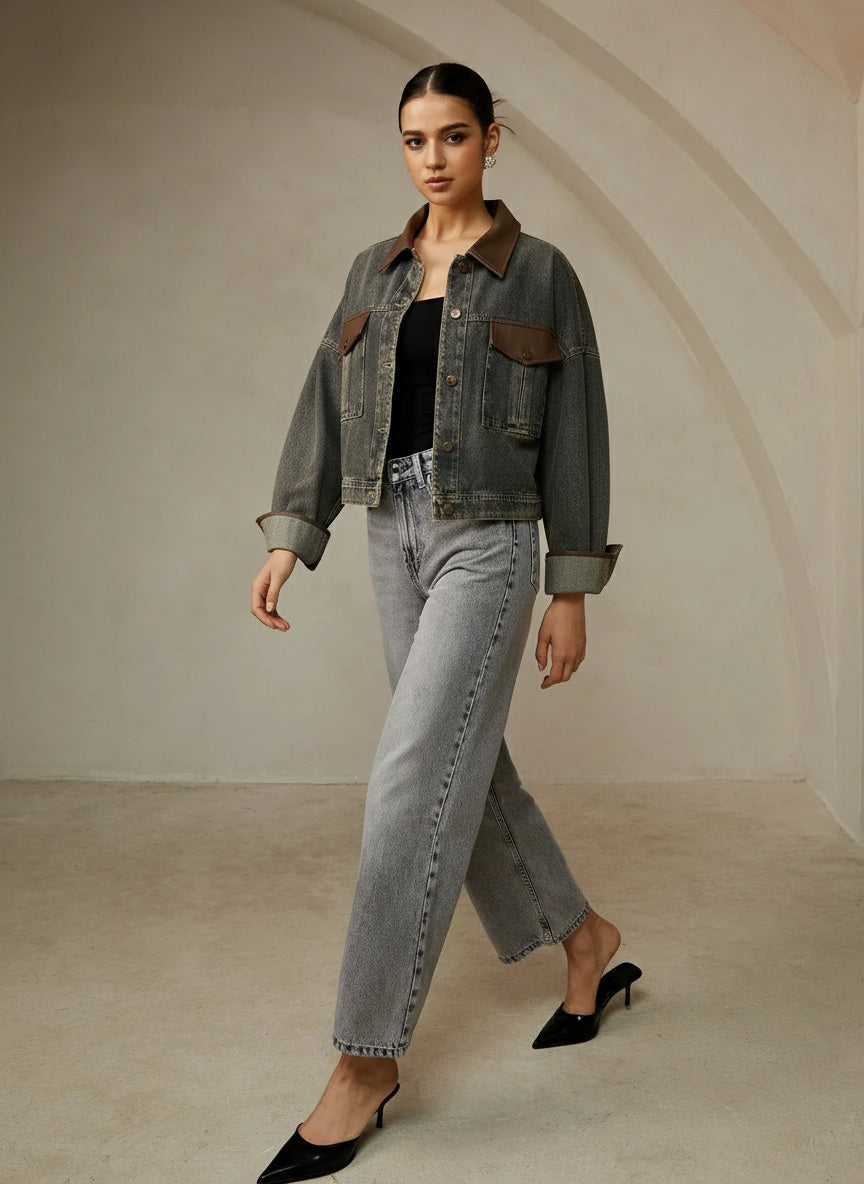 Vintage Kontrast Süslü Yaka Denim Ceket