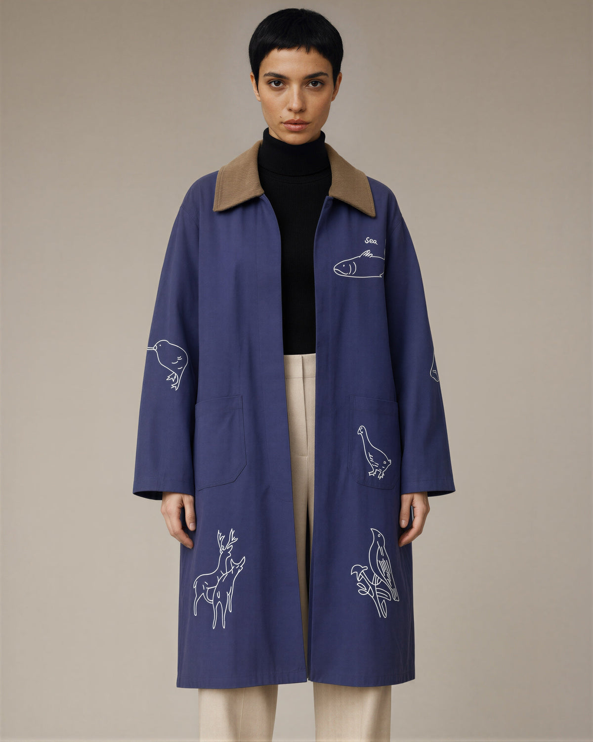 Delfina Animal Embroidered Cotton Coat, Indigo Blue, indigo blue, front view