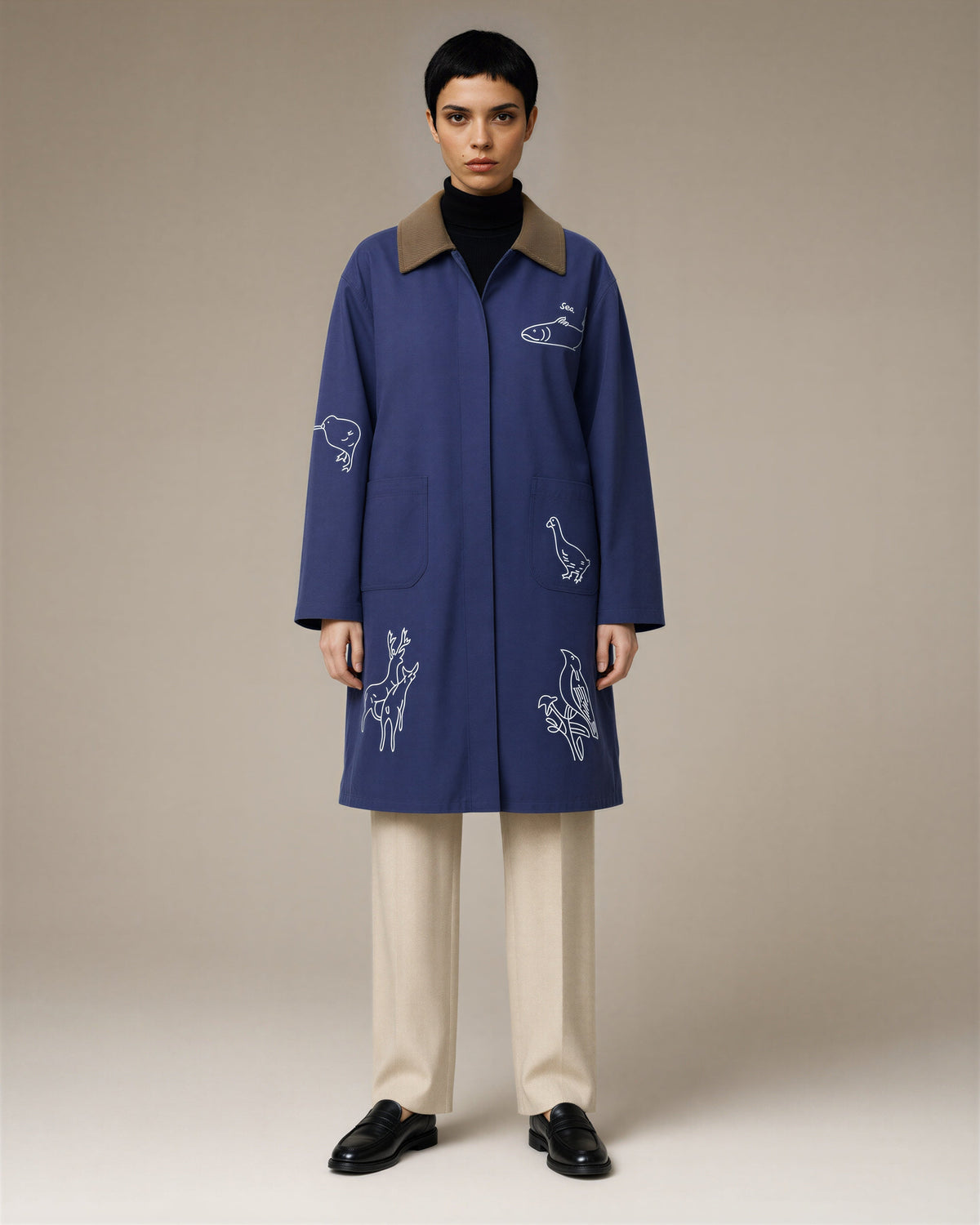 Delfina Animal Embroidered Cotton Coat, Indigo Blue, indigo blue, full length front view