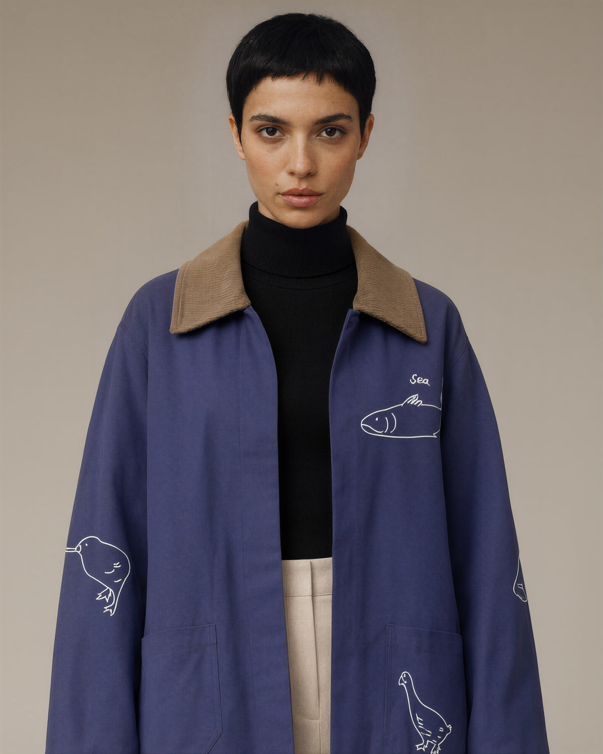 Delfina Animal Embroidered Cotton Coat, Indigo Blue, indigo blue, close up above the waist