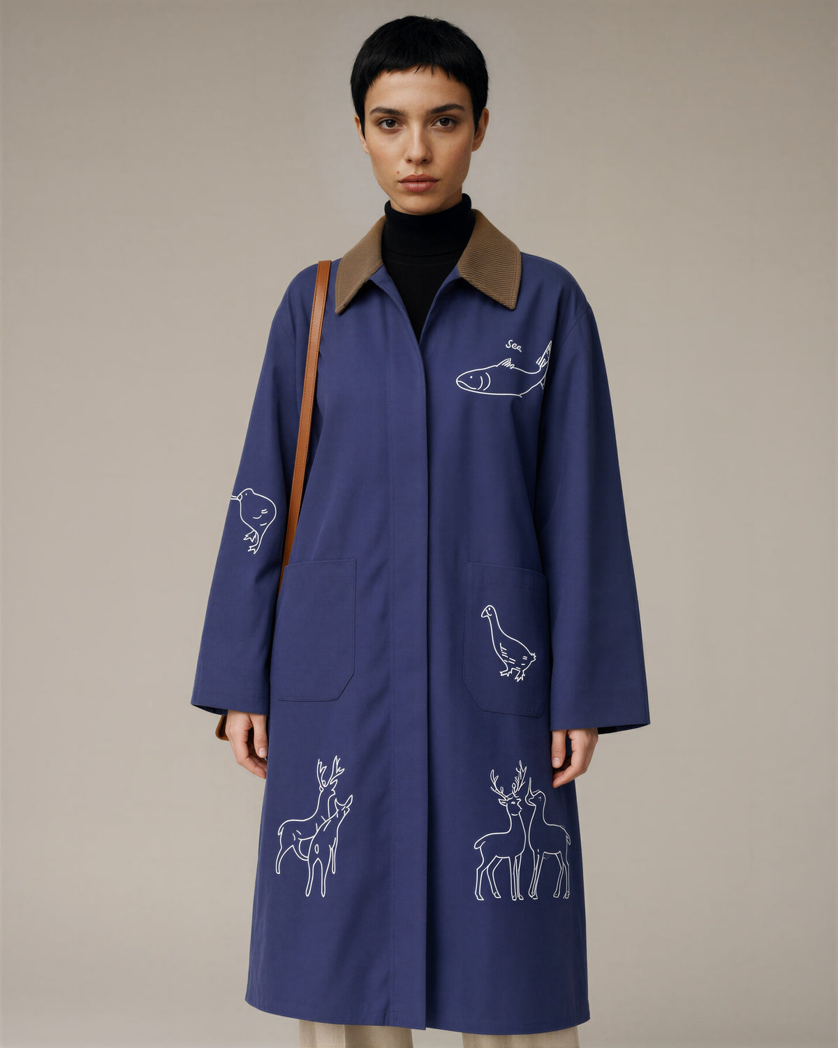 Delfina Animal Embroidered Cotton Coat, Indigo Blue, indigo blue, three quarter view