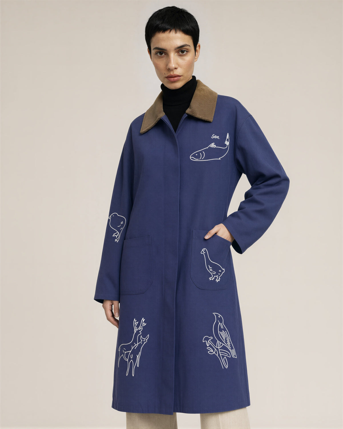 Delfina Animal Embroidered Cotton Coat, Indigo Blue, indigo blue, front, hands on the waist