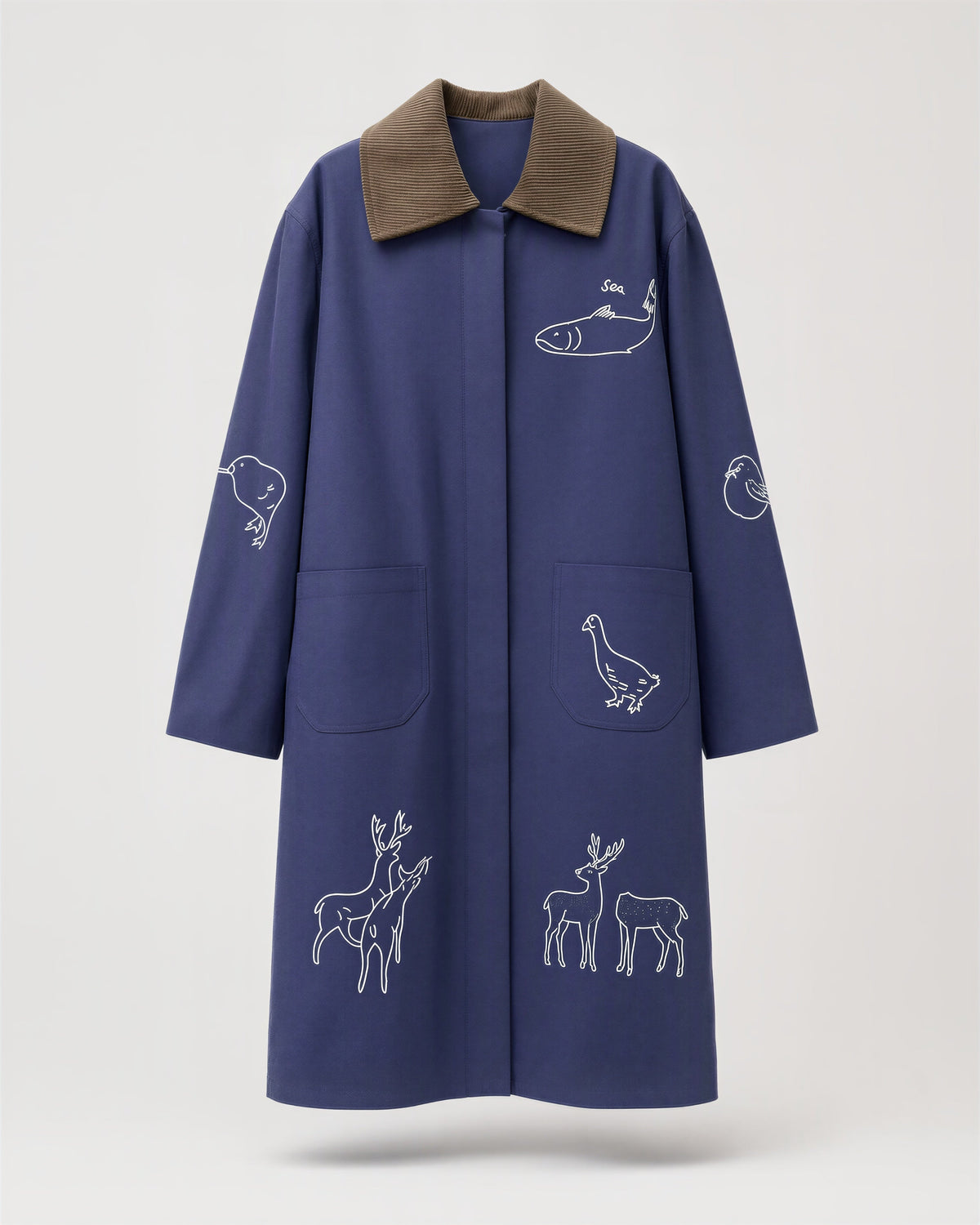 Delfina Animal Embroidered Cotton Coat, Indigo Blue, indigo blue, product view without a model