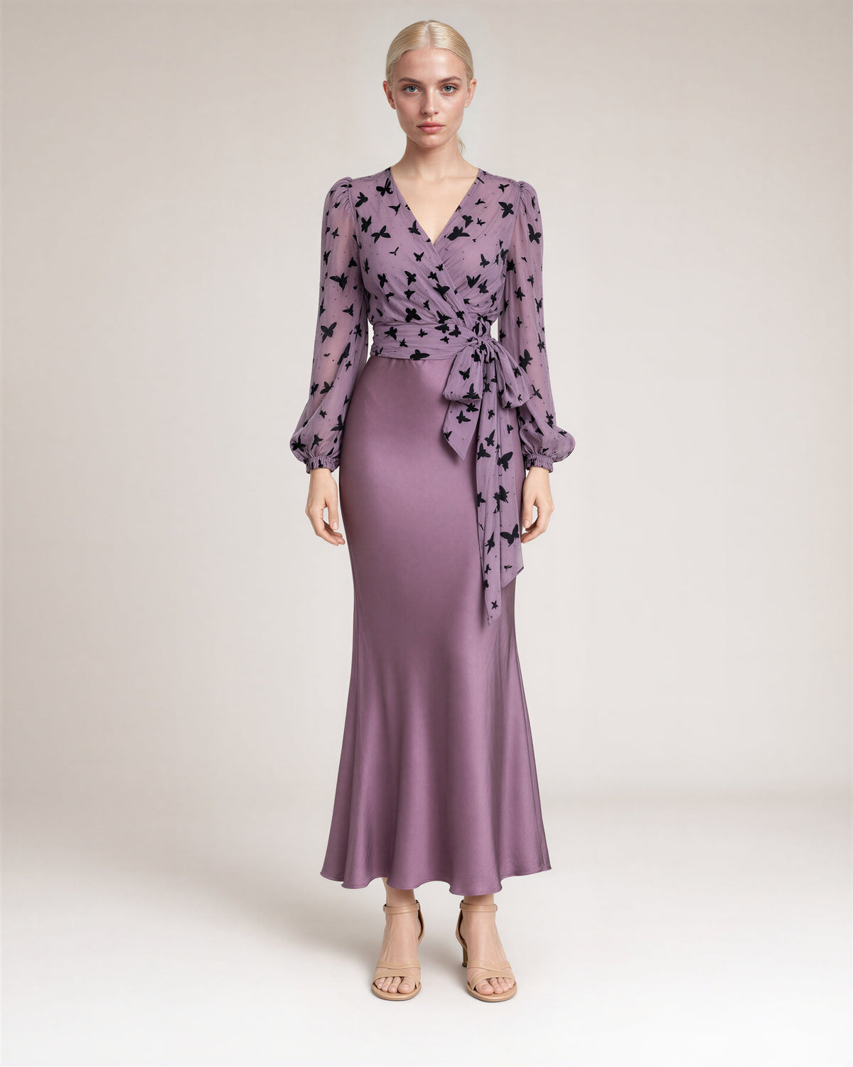 Delia Butterfly Print Blouse and Satin Skirt Set, lilac, full length front view