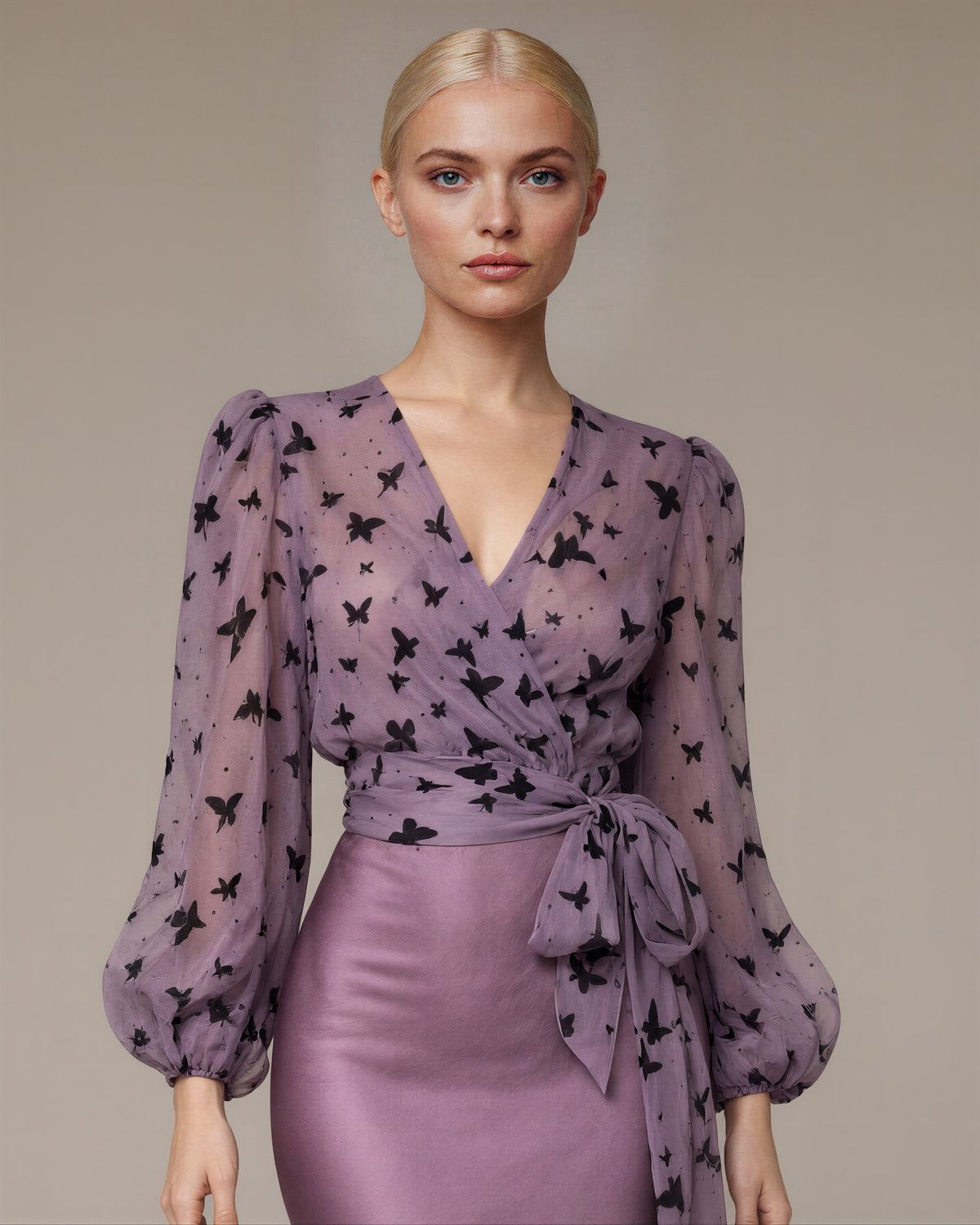 Delia Butterfly Print Blouse and Satin Skirt Set, lilac, close up above the waist