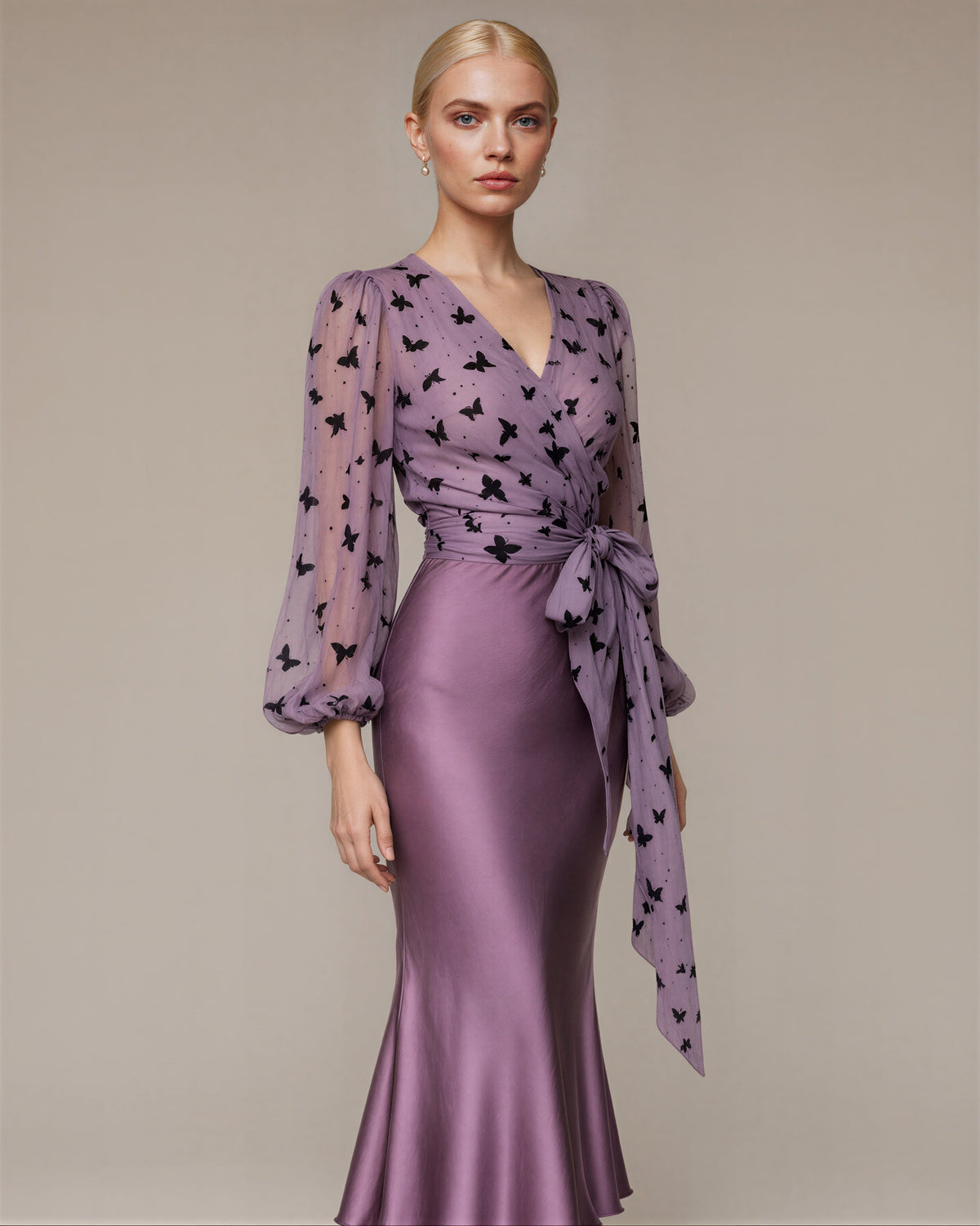 Delia Butterfly Print Blouse and Satin Skirt Set, lilac, three quarter view
