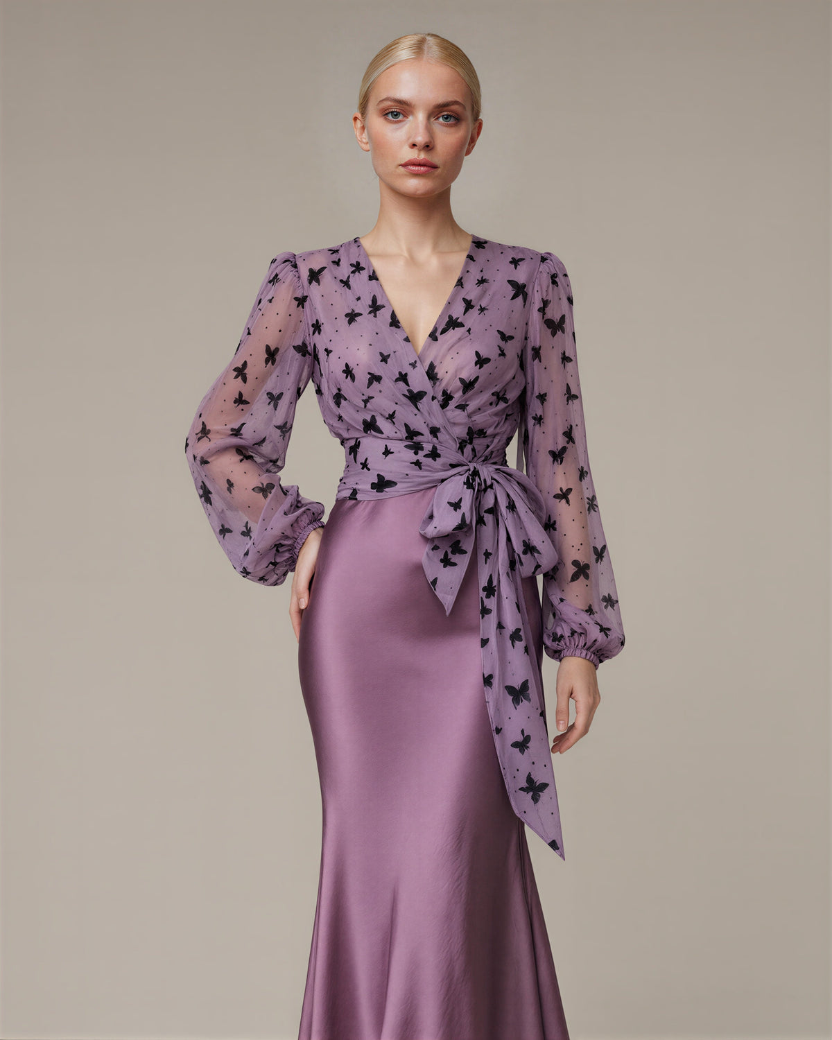 Delia Butterfly Print Blouse and Satin Skirt Set, lilac, front, hands on the waist