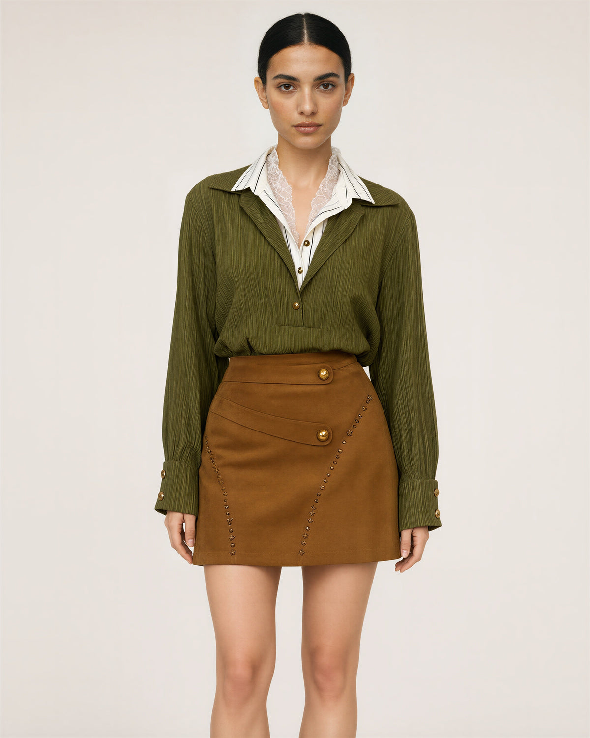 Dina Lace Collar Shirt and Mini Skirt Set, olive and caramel, front view