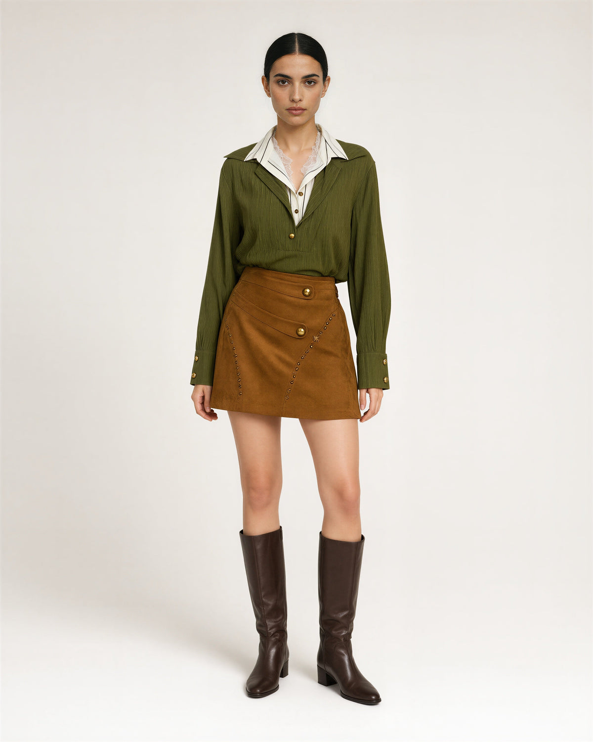 Dina Lace Collar Shirt and Mini Skirt Set, olive and caramel, full length front view
