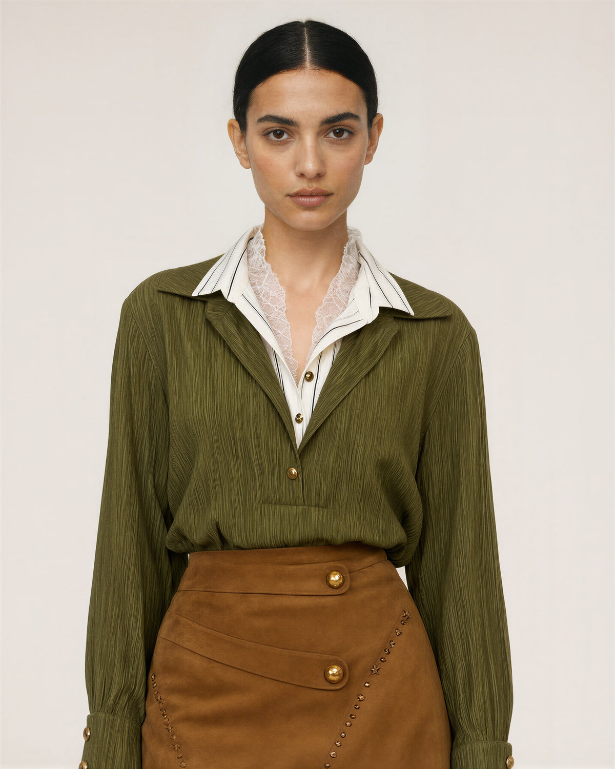 Dina Lace Collar Shirt and Mini Skirt Set, olive and caramel, close up above the waist
