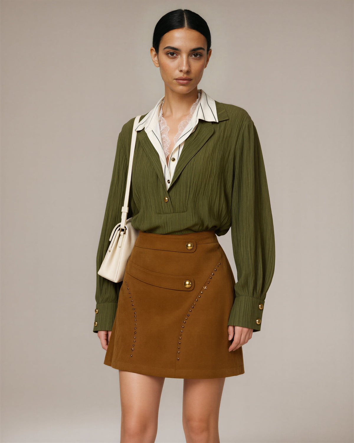 Dina Lace Collar Shirt and Mini Skirt Set, olive and caramel, three quarter view