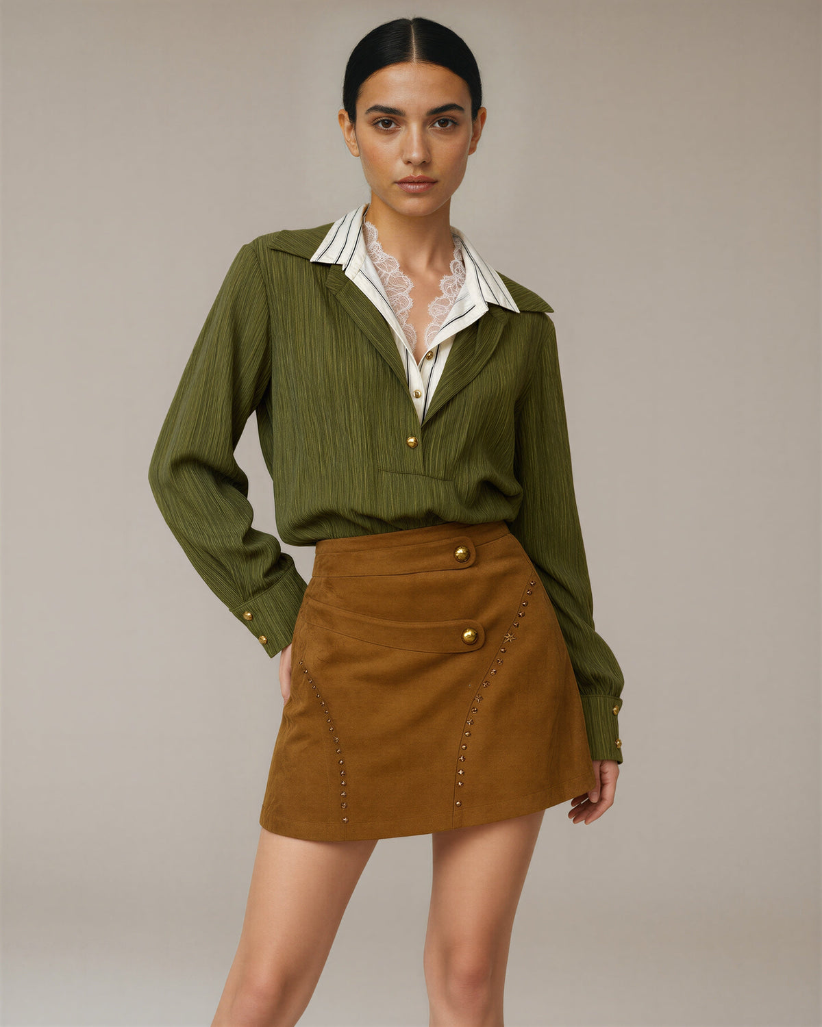 Dina Lace Collar Shirt and Mini Skirt Set, olive and caramel, front, hands on the waist