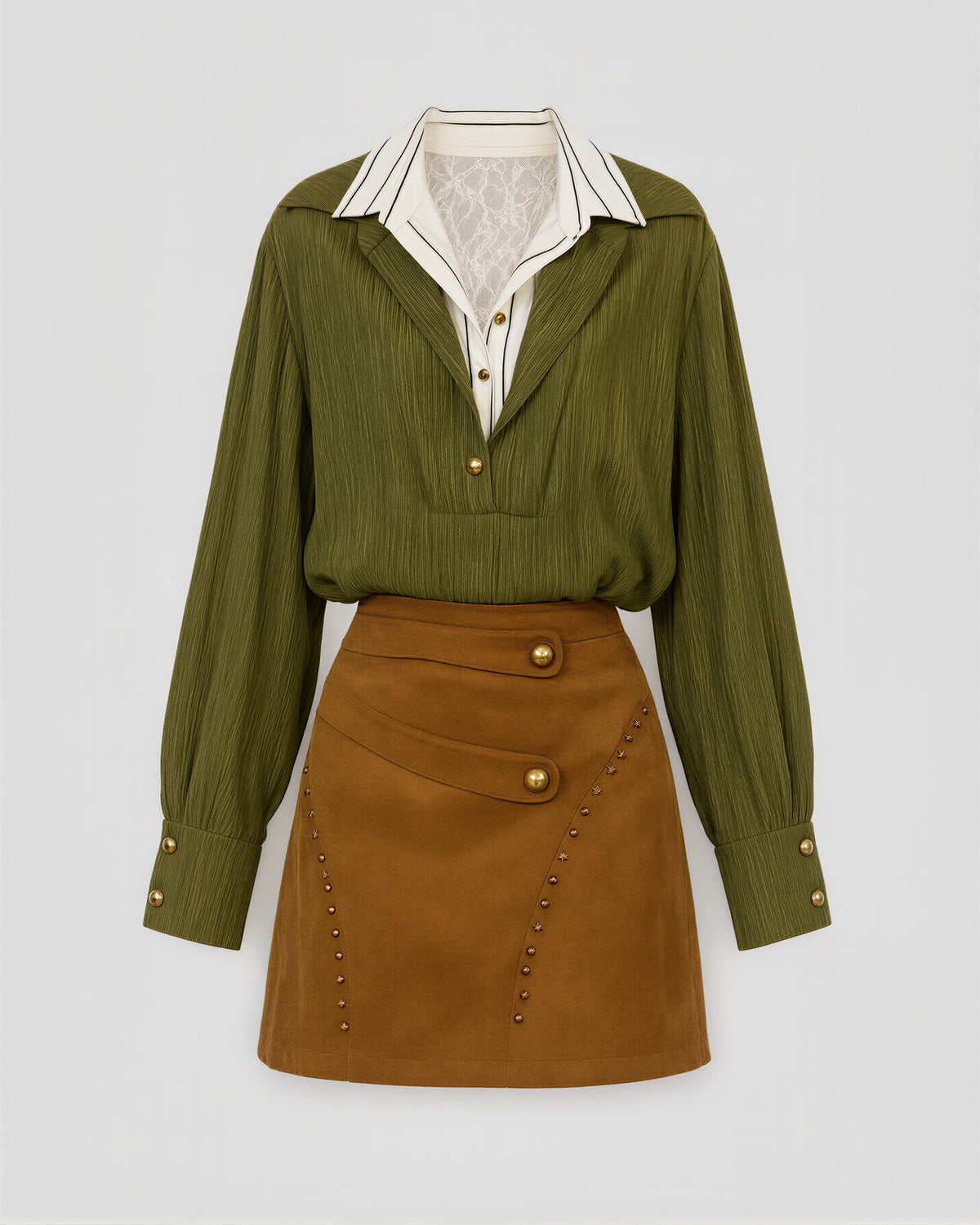 Dina Lace Collar Shirt and Mini Skirt Set, olive and caramel, product view without a model