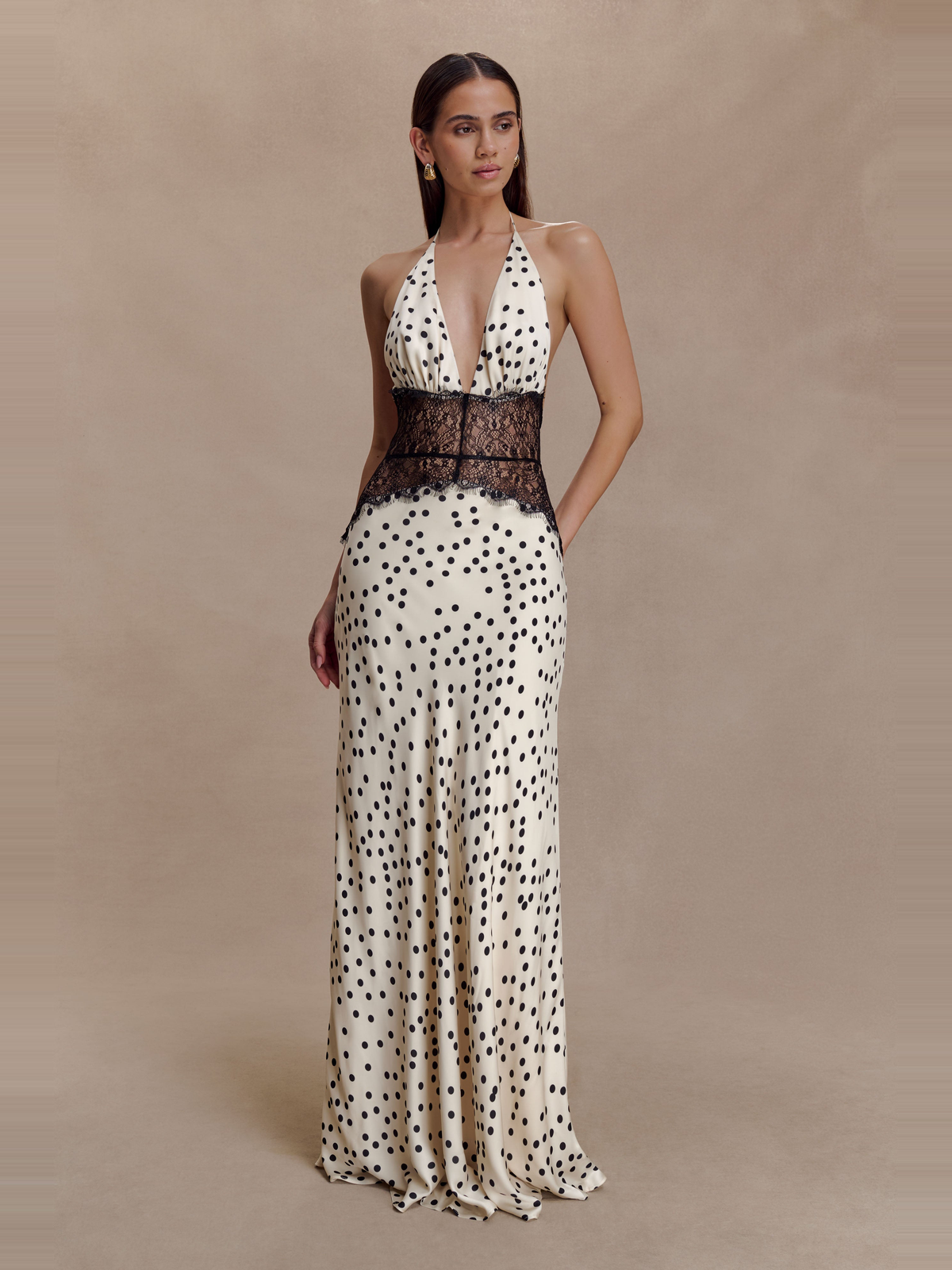 Dinah Polka Dot Lace Satin Maxi Dress — Svelte Chic