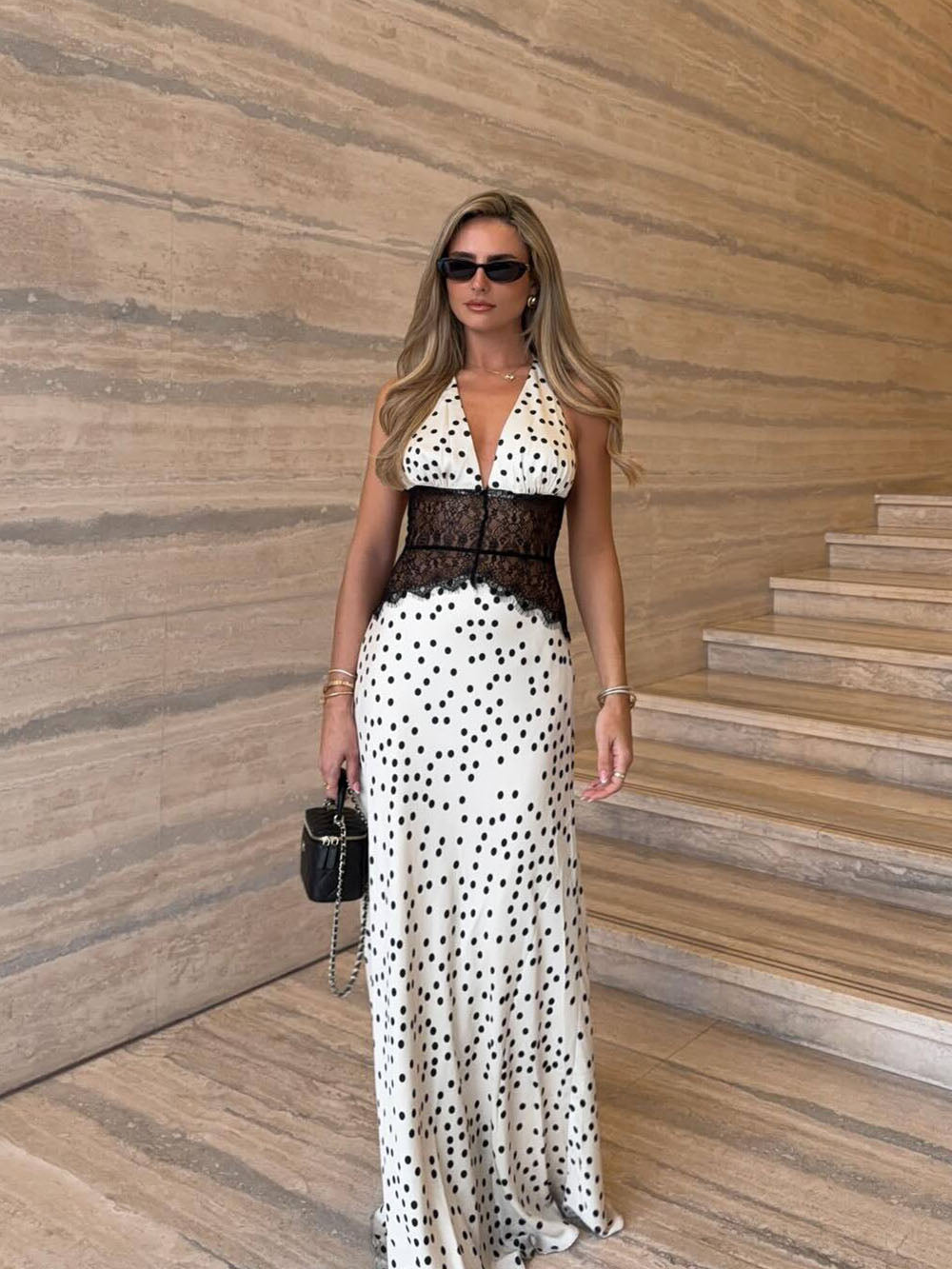 Dinah Polka Dot Lace Satin Maxi Dress — Svelte Chic