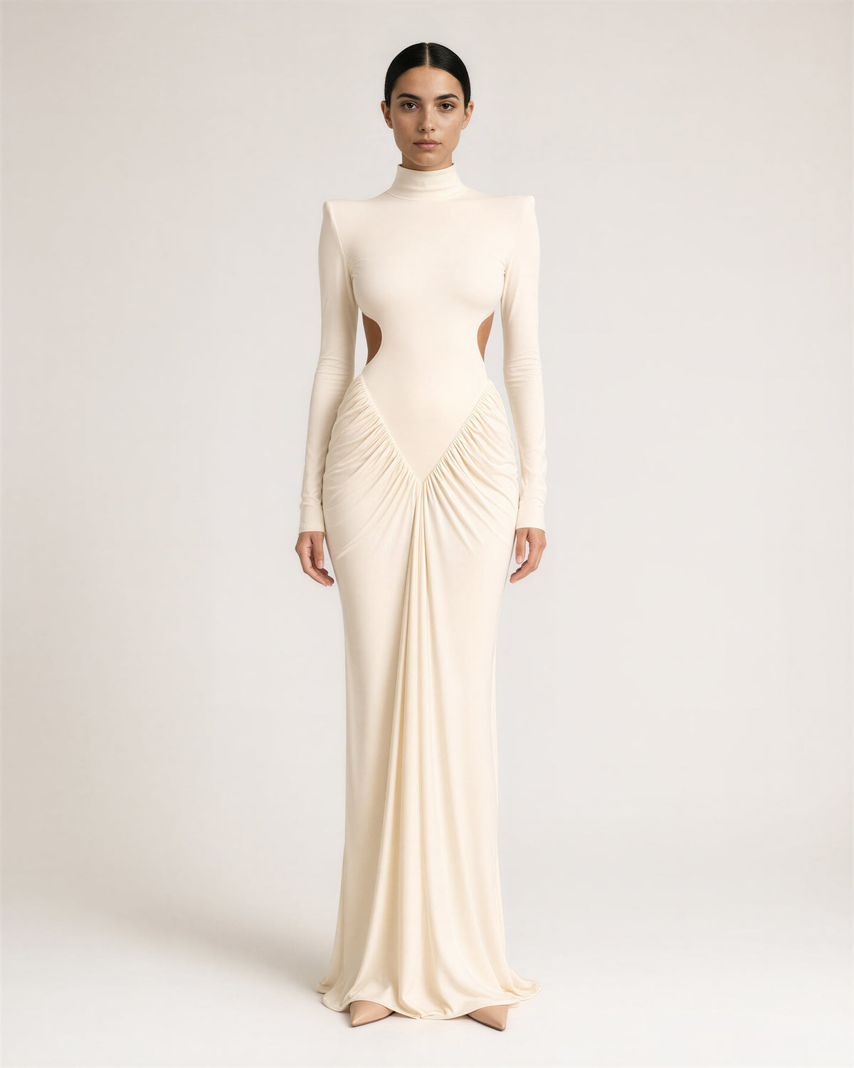 Domizia Open Back Padded Shoulder Maxi Dress, light apricot, full length front view