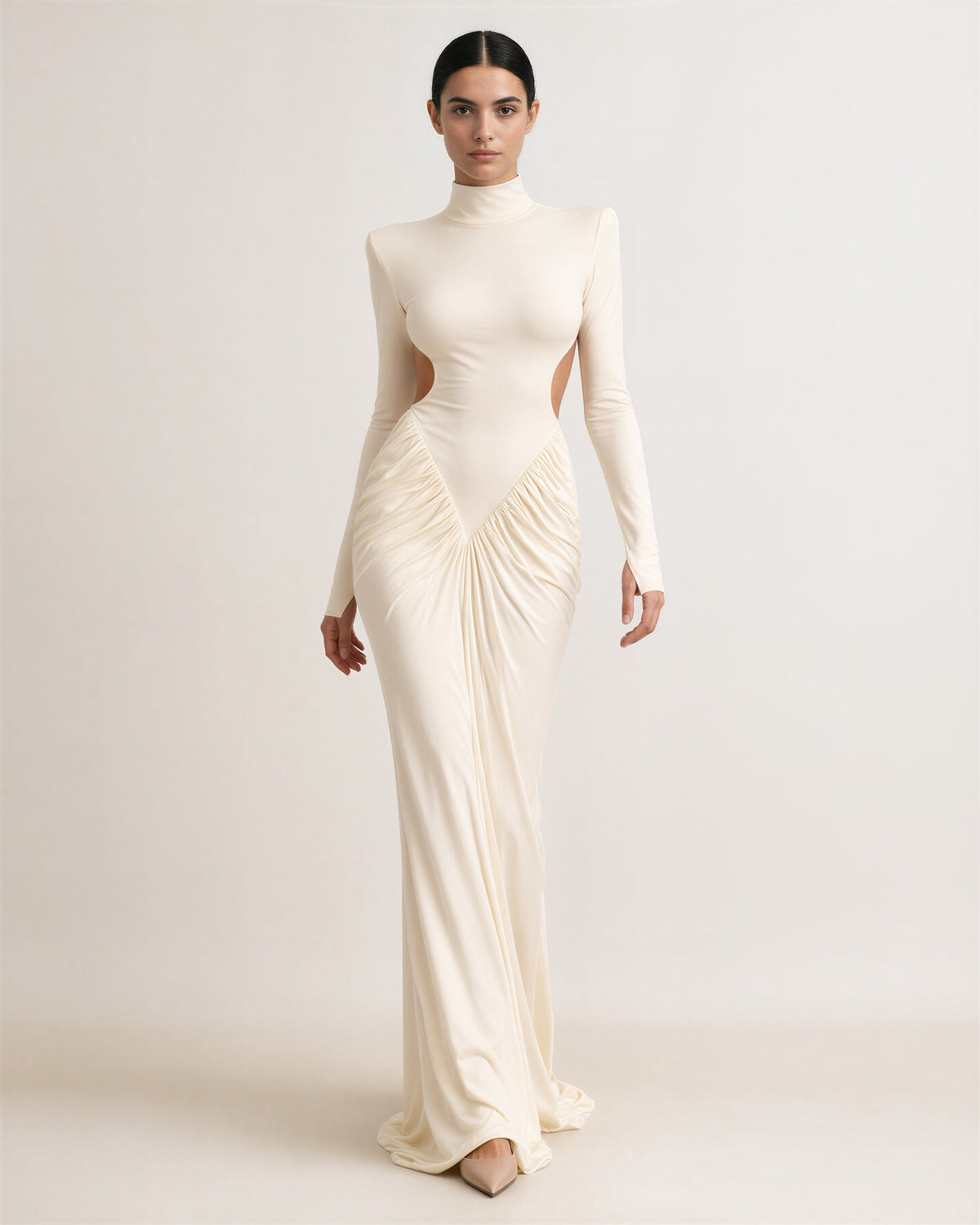 Domizia Open Back Padded Shoulder Maxi Dress, light apricot, full length walking view