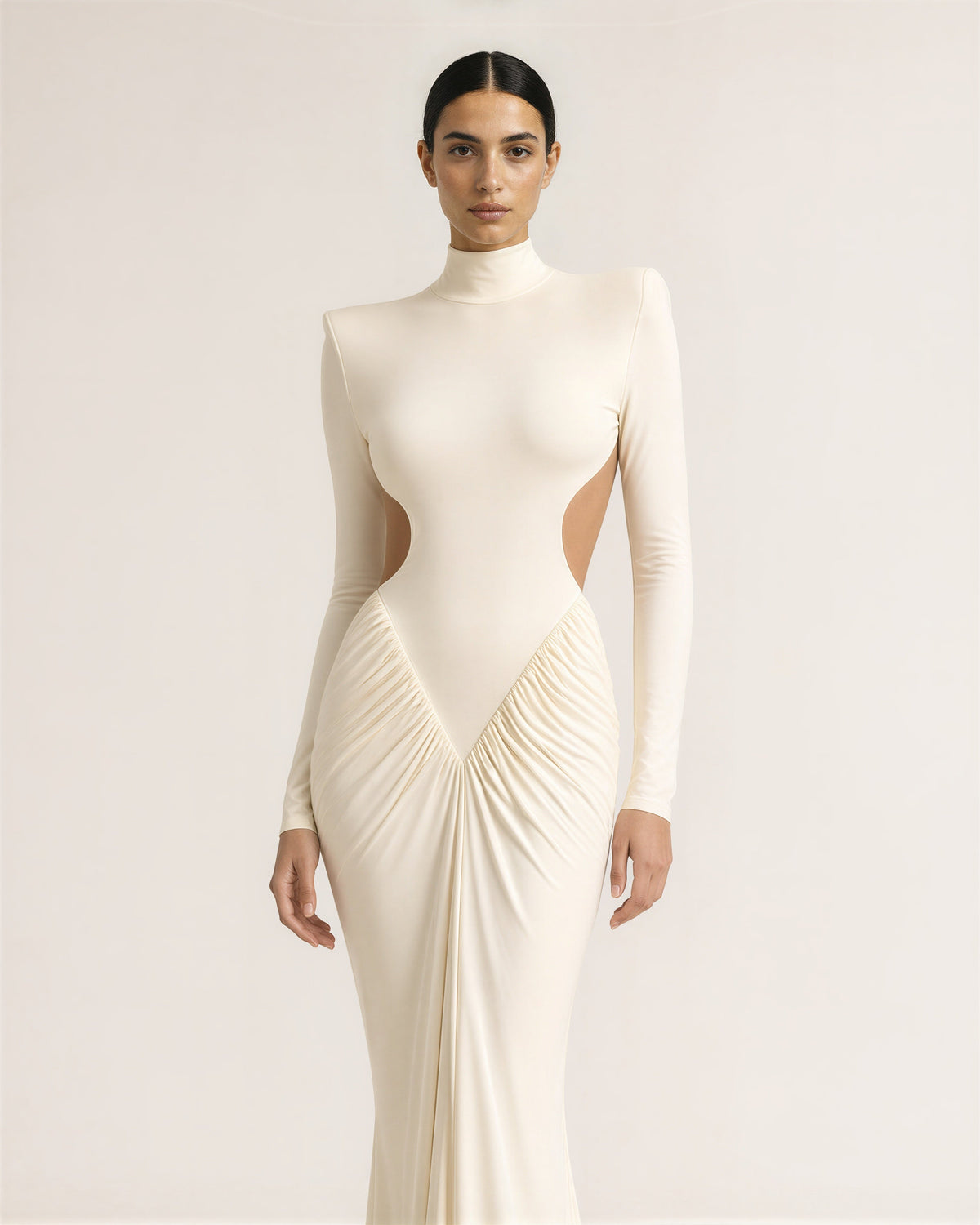 Domizia Open Back Padded Shoulder Maxi Dress, light apricot, front view