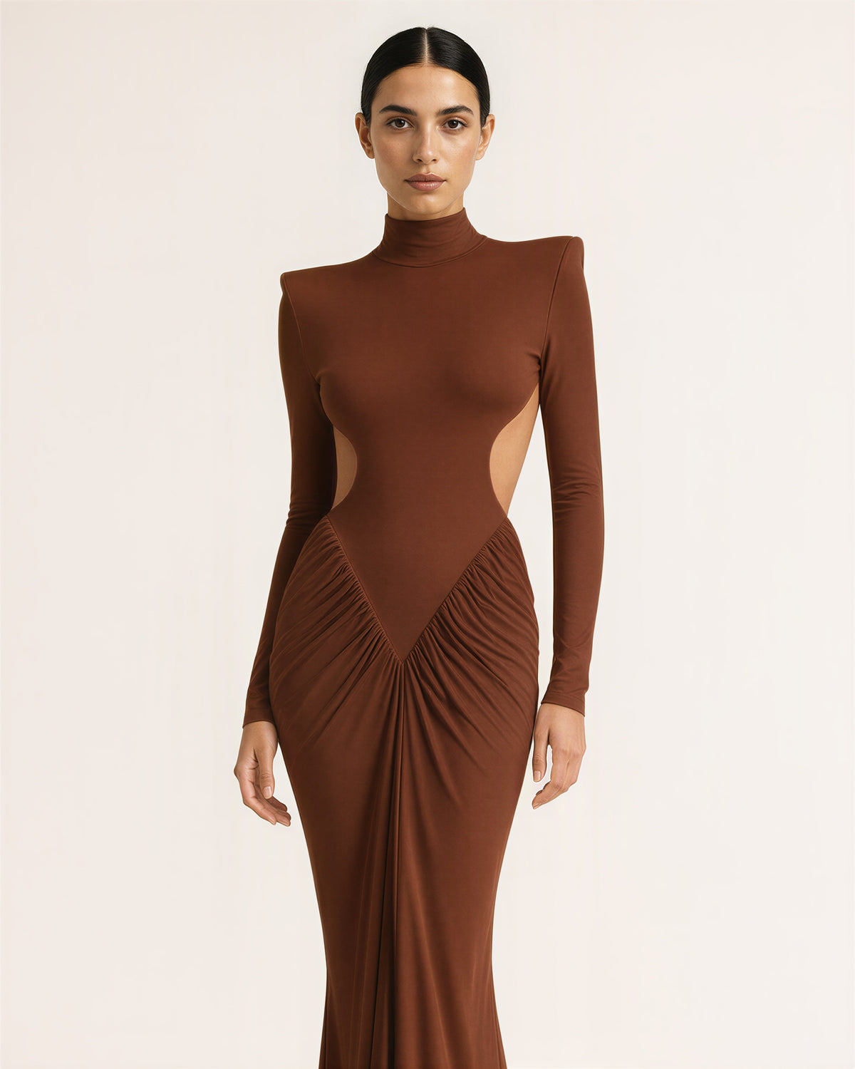 Domizia Open Back Padded Shoulder Maxi Dress, brown color option