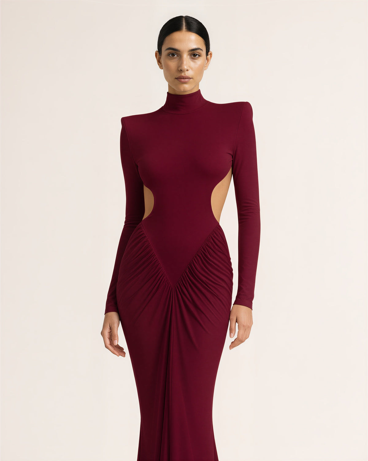 Domizia Open Back Padded Shoulder Maxi Dress, burgundy color option