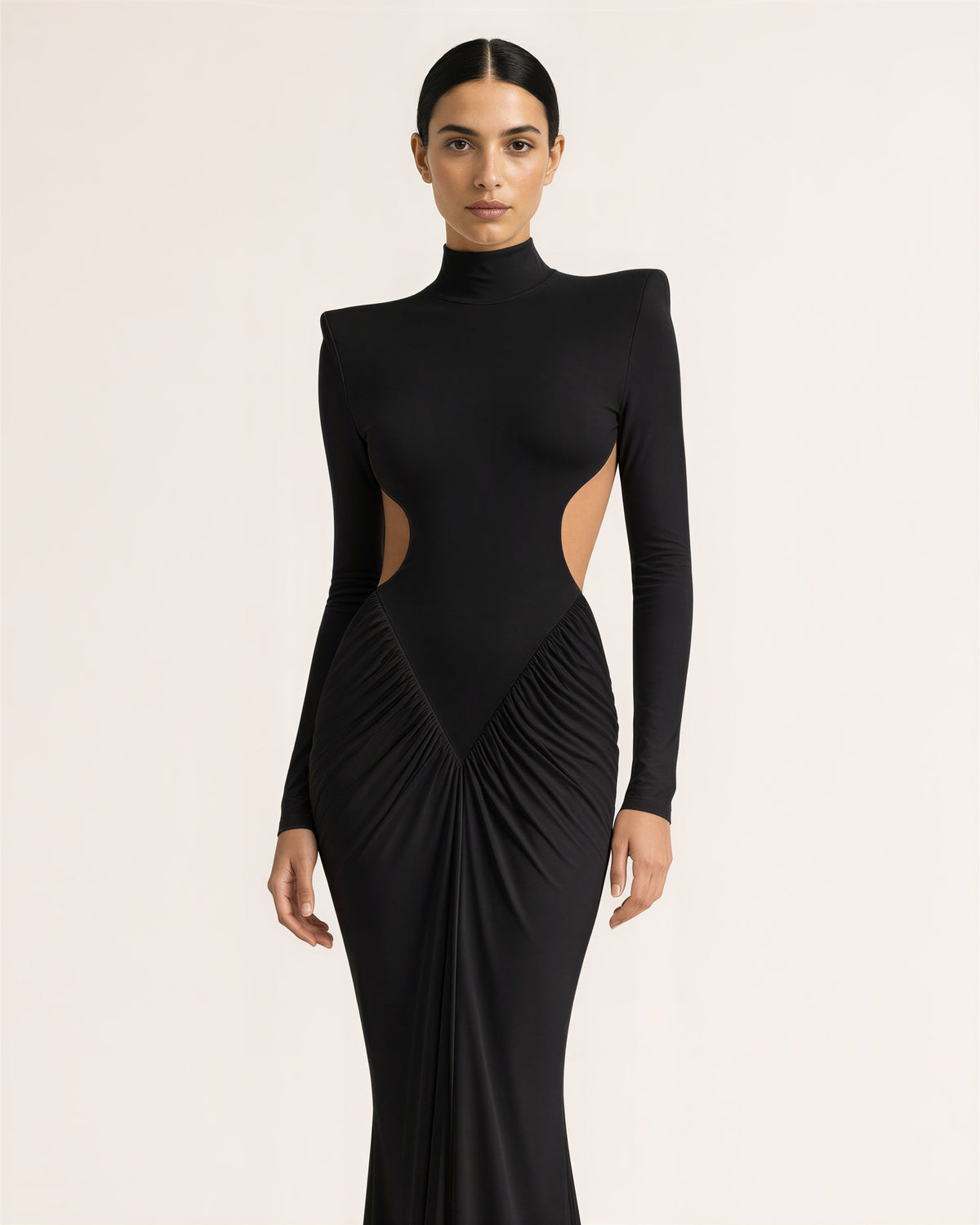 Domizia Open Back Padded Shoulder Maxi Dress, black color option