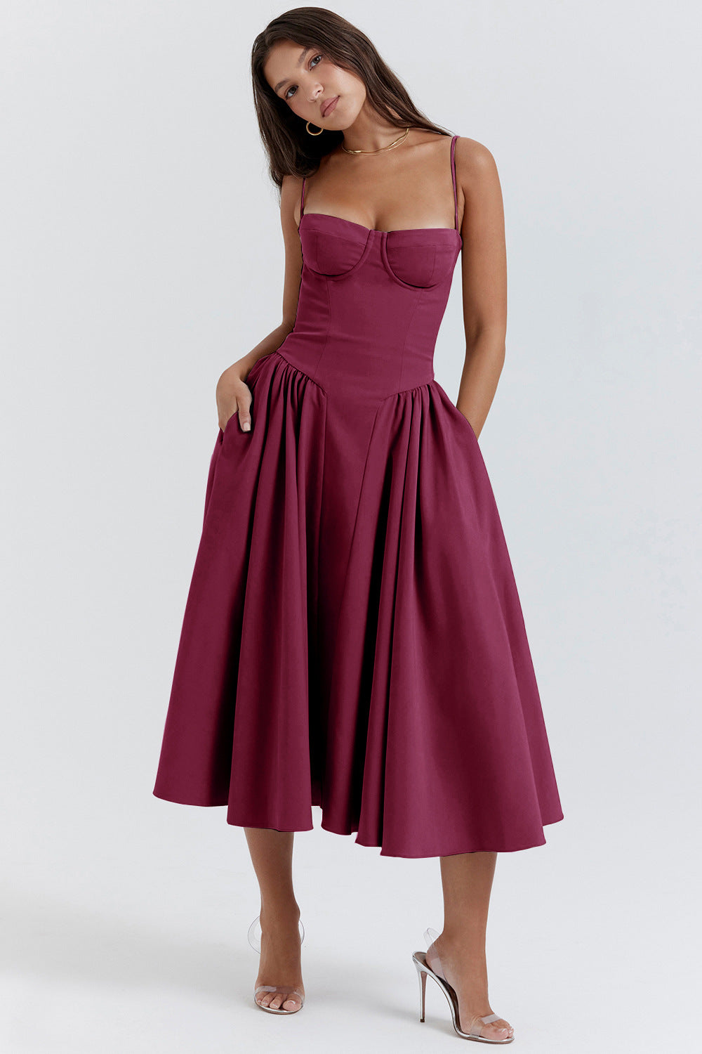 Felicity Waist Shaping Midi Dress in Plum Red — Svelte Chic