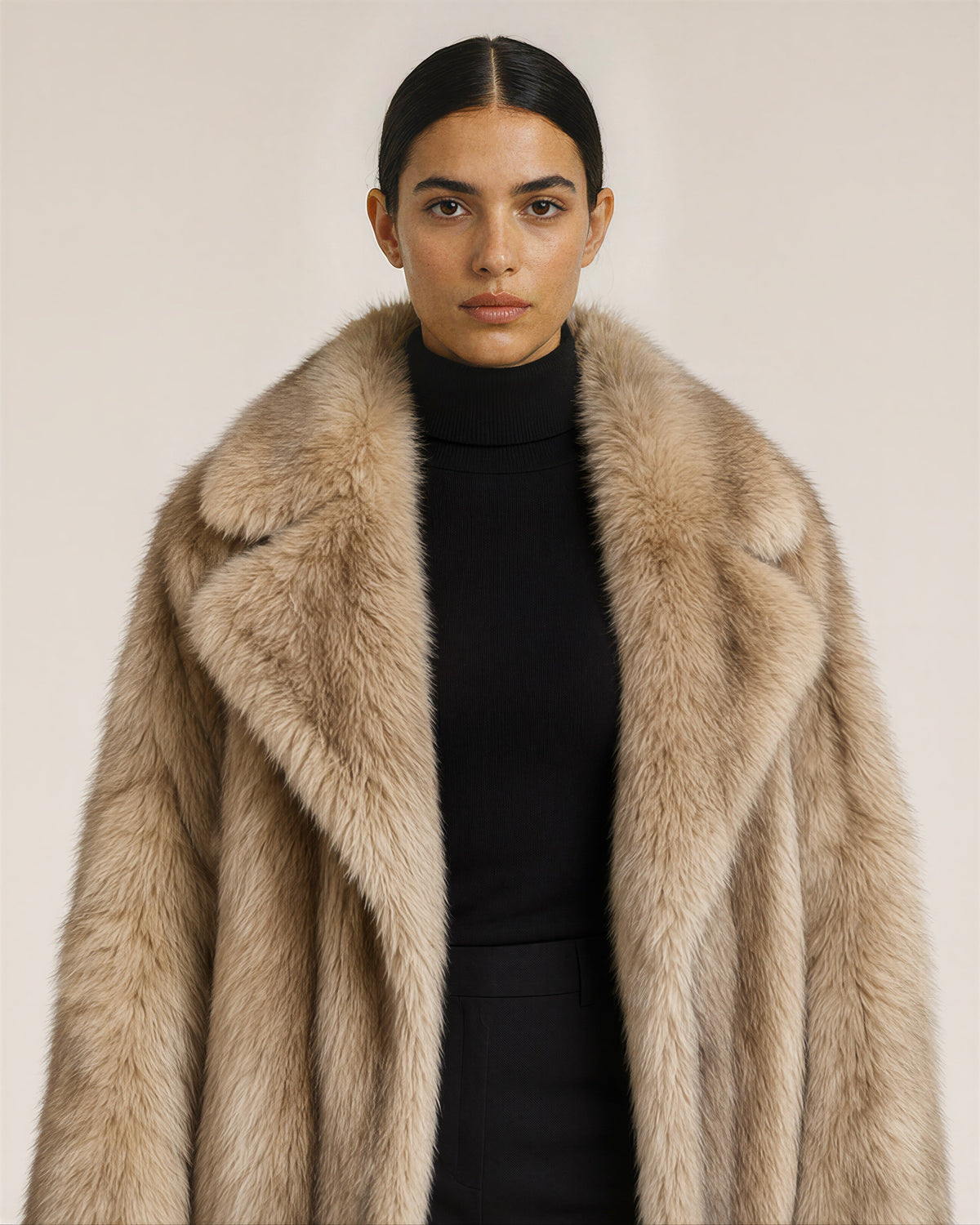 Drusilla Wide Collar Oversized Faux Fur Coat, camel, close up above the waist