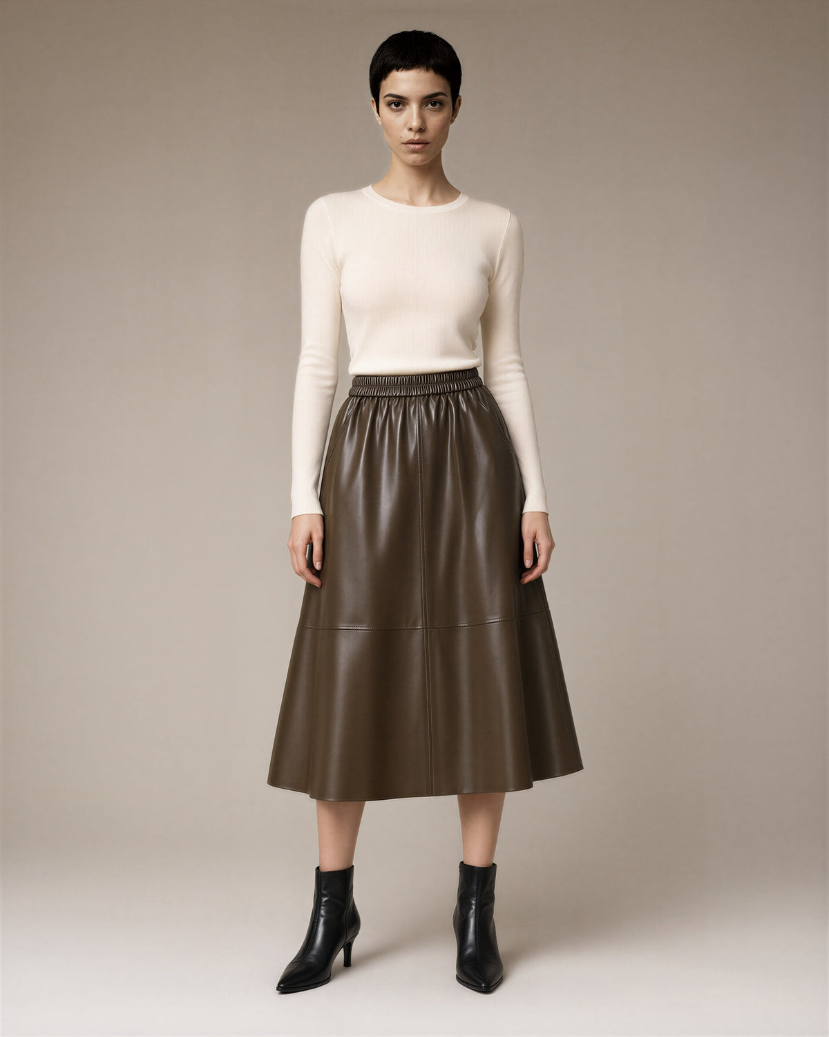 Edda Elasticated Waist Panelled Faux Leather Midi Skirt, brown, full length front view