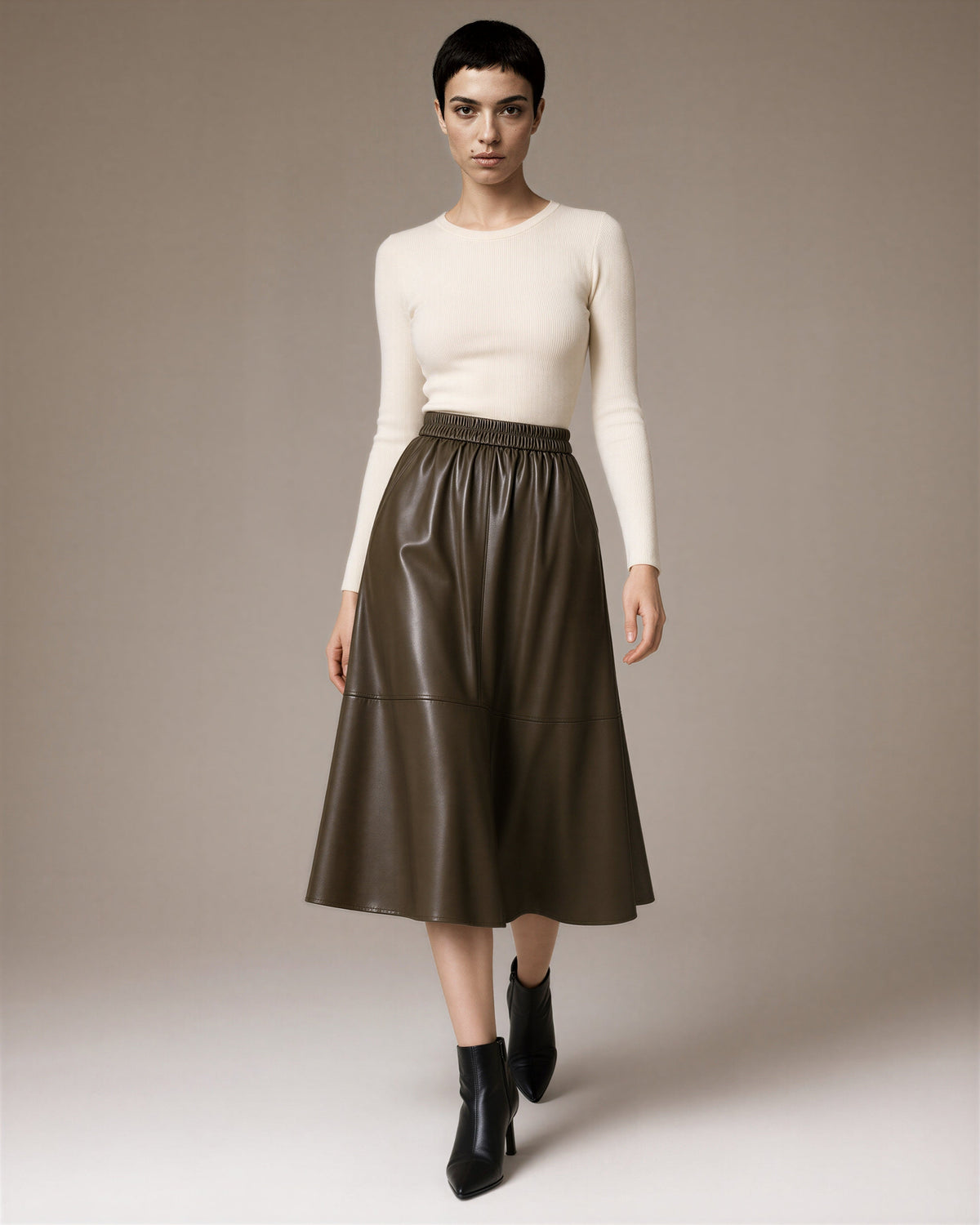 Edda Elasticated Waist Panelled Faux Leather Midi Skirt, brown, full length walking view