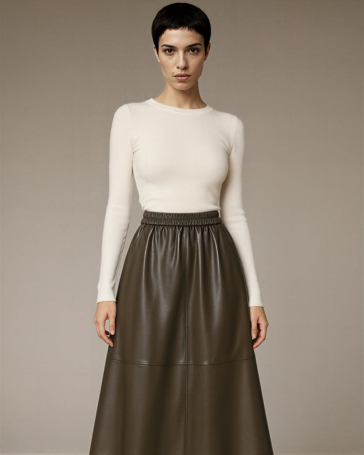 Edda Elasticated Waist Panelled Faux Leather Midi Skirt, brown, front view