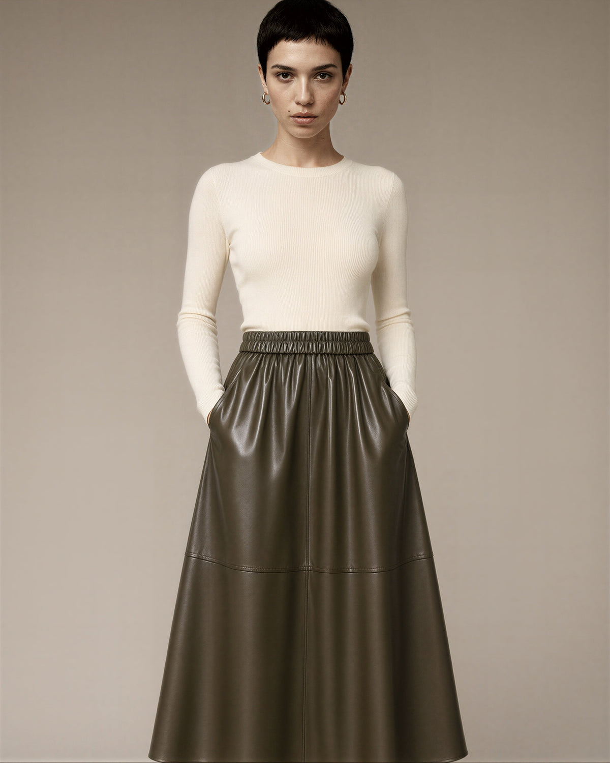 Edda Elasticated Waist Panelled Faux Leather Midi Skirt, brown, front, hands in pockets