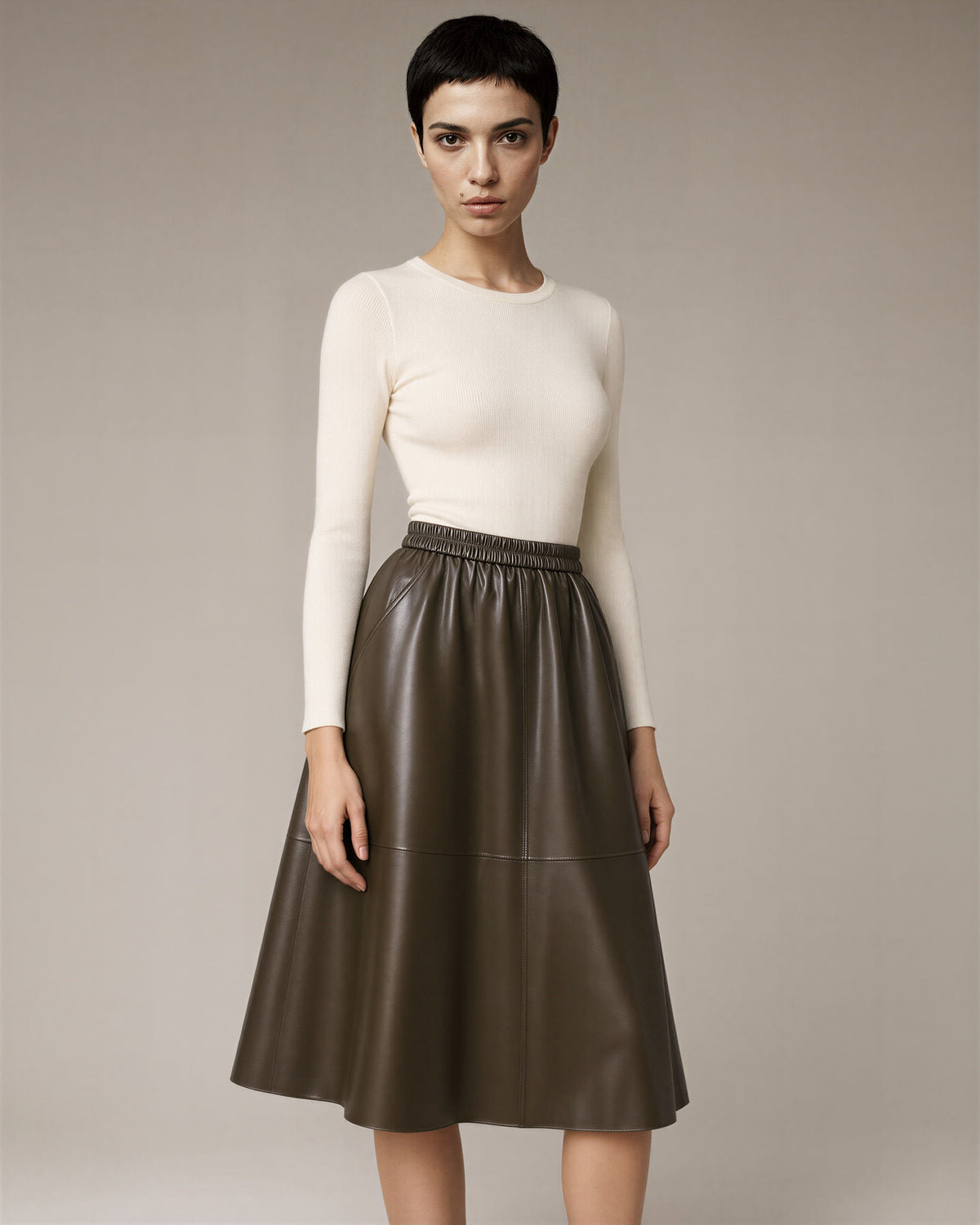 Edda Elasticated Waist Panelled Faux Leather Midi Skirt, brown, three quarter view