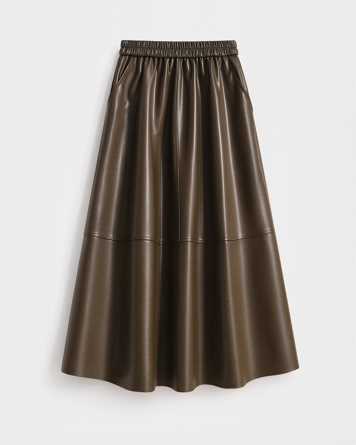 Edda Elasticated Waist Panelled Faux Leather Midi Skirt, brown, product view without a model