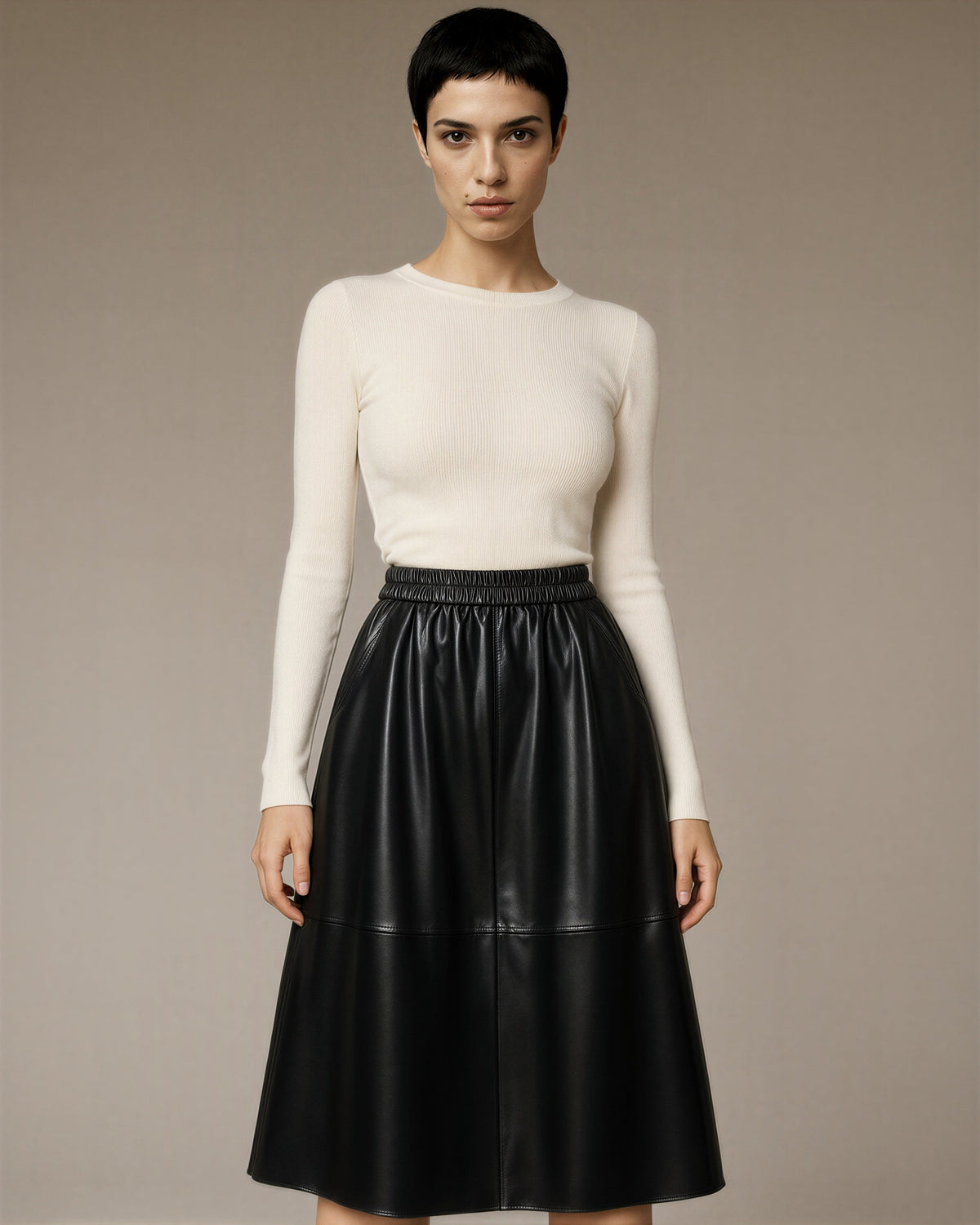 Edda Elasticated Waist Panelled Faux Leather Midi Skirt, black color option