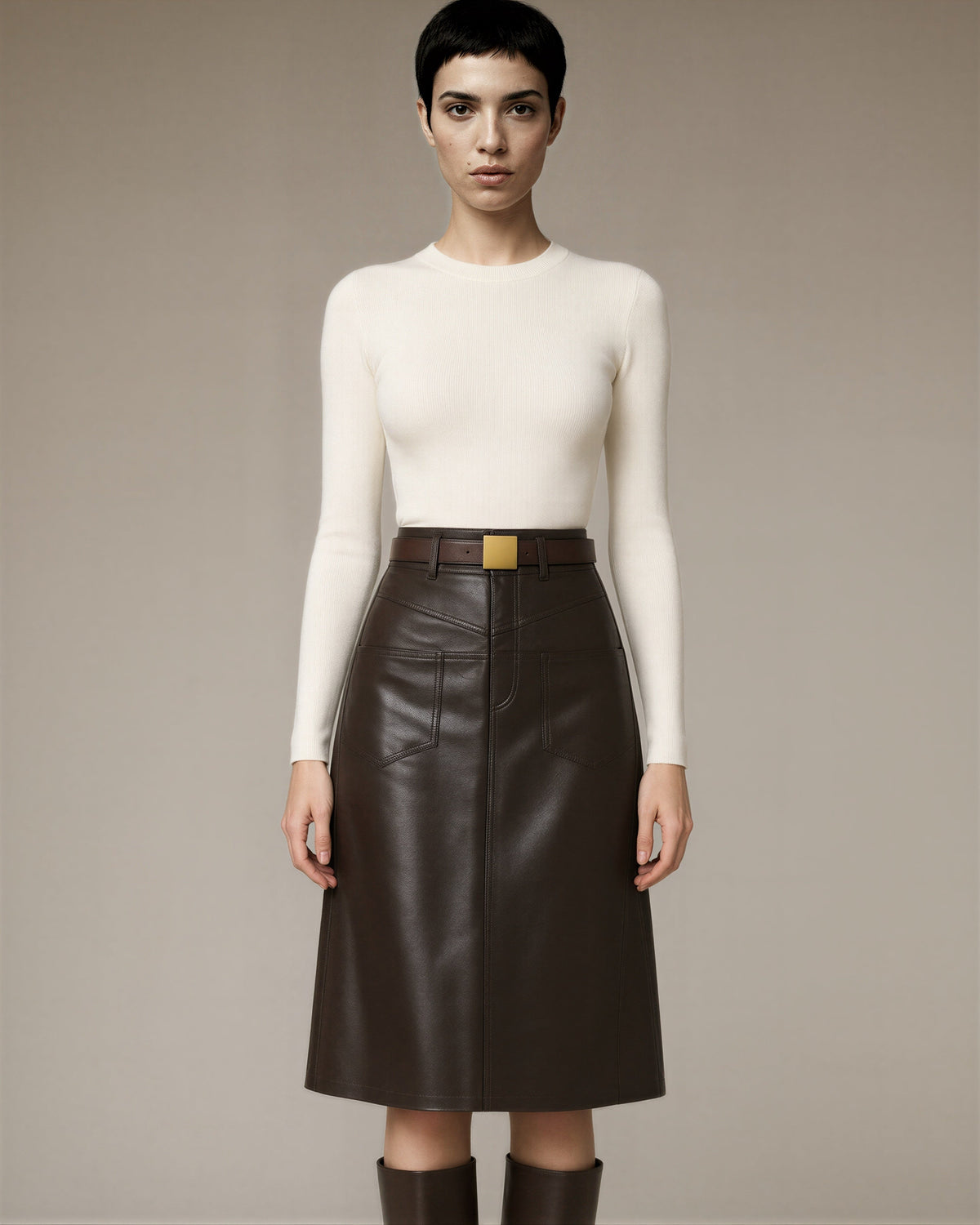 Elda Belted Pocket Faux Leather Midi Skirt, dark brown, front view