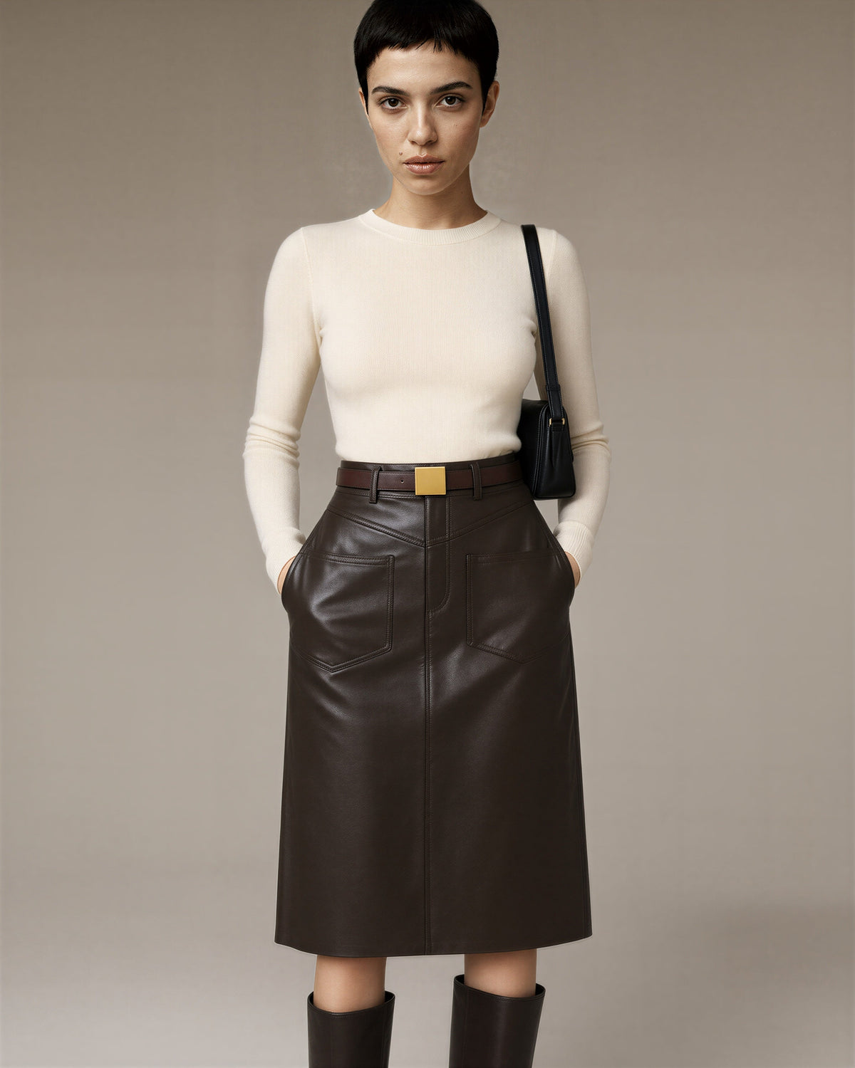 Elda Belted Pocket Faux Leather Midi Skirt, dark brown, front, hands in pockets