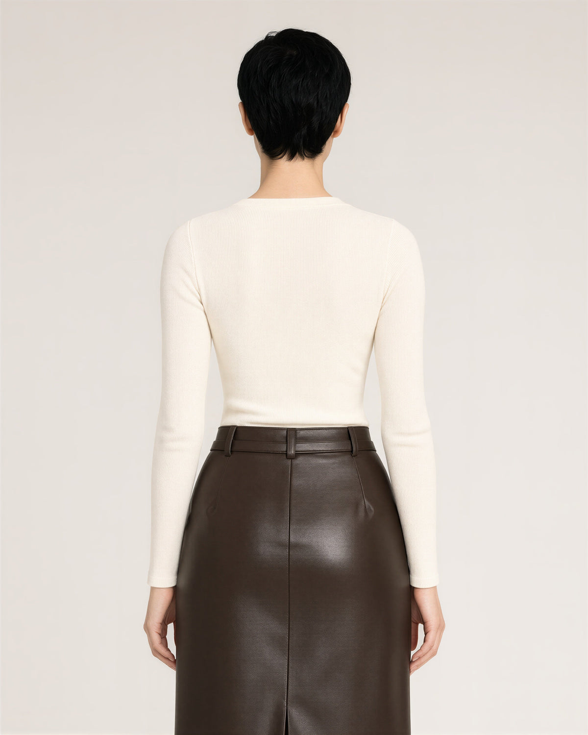 Elda Belted Pocket Faux Leather Midi Skirt, dark brown, back view