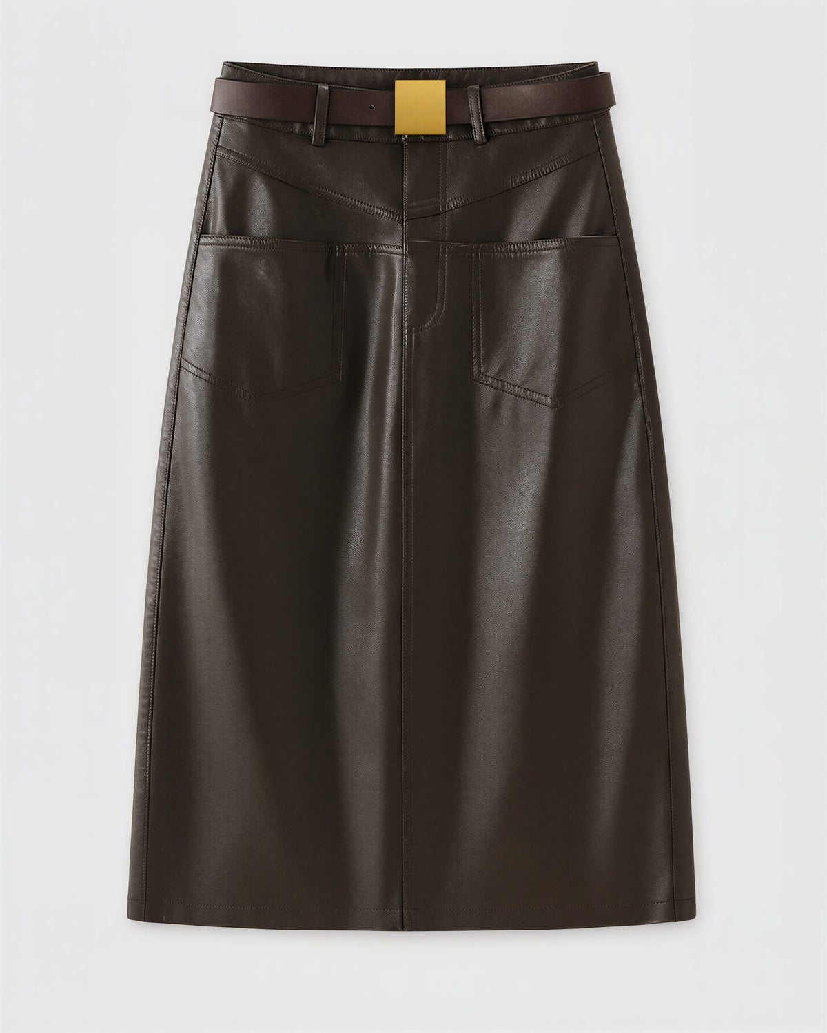 Elda Belted Pocket Faux Leather Midi Skirt, dark brown, product view without a model