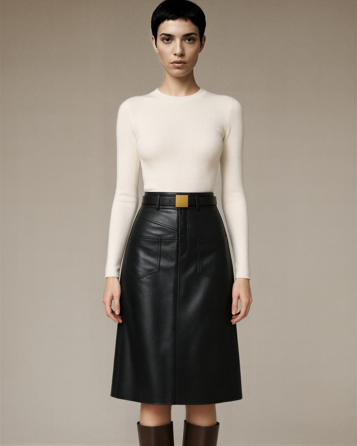 Elda Belted Pocket Faux Leather Midi Skirt, black color option