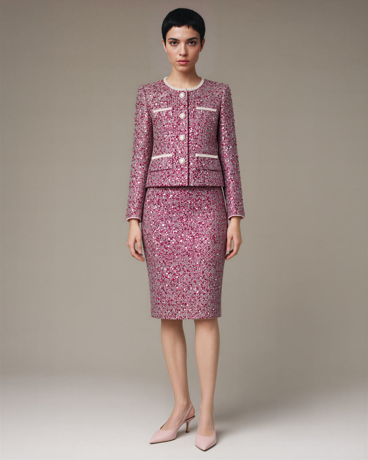 Eleonora Sequinned Tweed Jacket and Pencil Skirt Set, fuchsia, full length front view