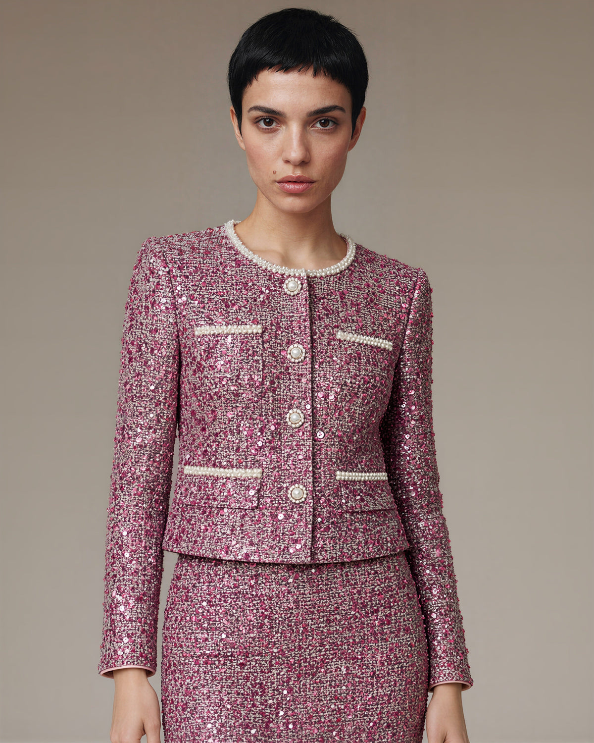 Eleonora Sequinned Tweed Jacket and Pencil Skirt Set, fuchsia, close up above the waist